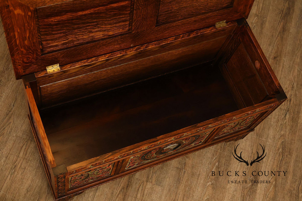 Berkey & Gay Carved And Painted Oak Spanish Revival Storage Chest
