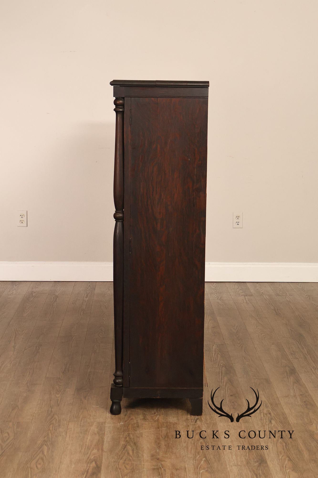 Antique Carved Oak Glass Door Triple Bookcase