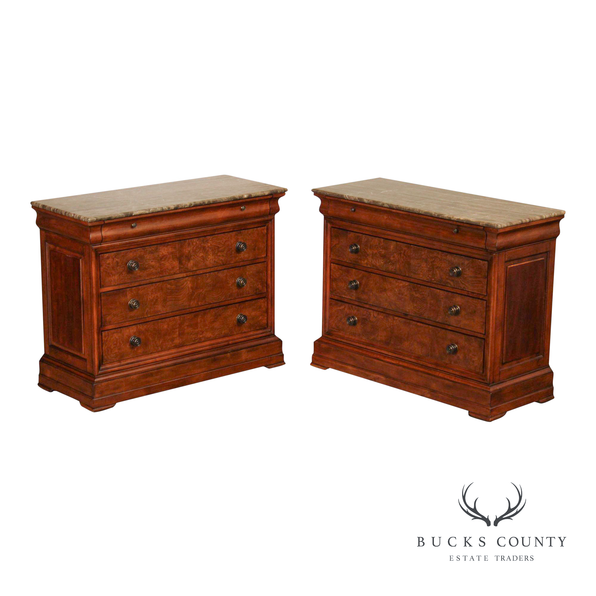 Ethan Allen Louis Philippe Style Pair of 'Fisher' Marble Top Chests