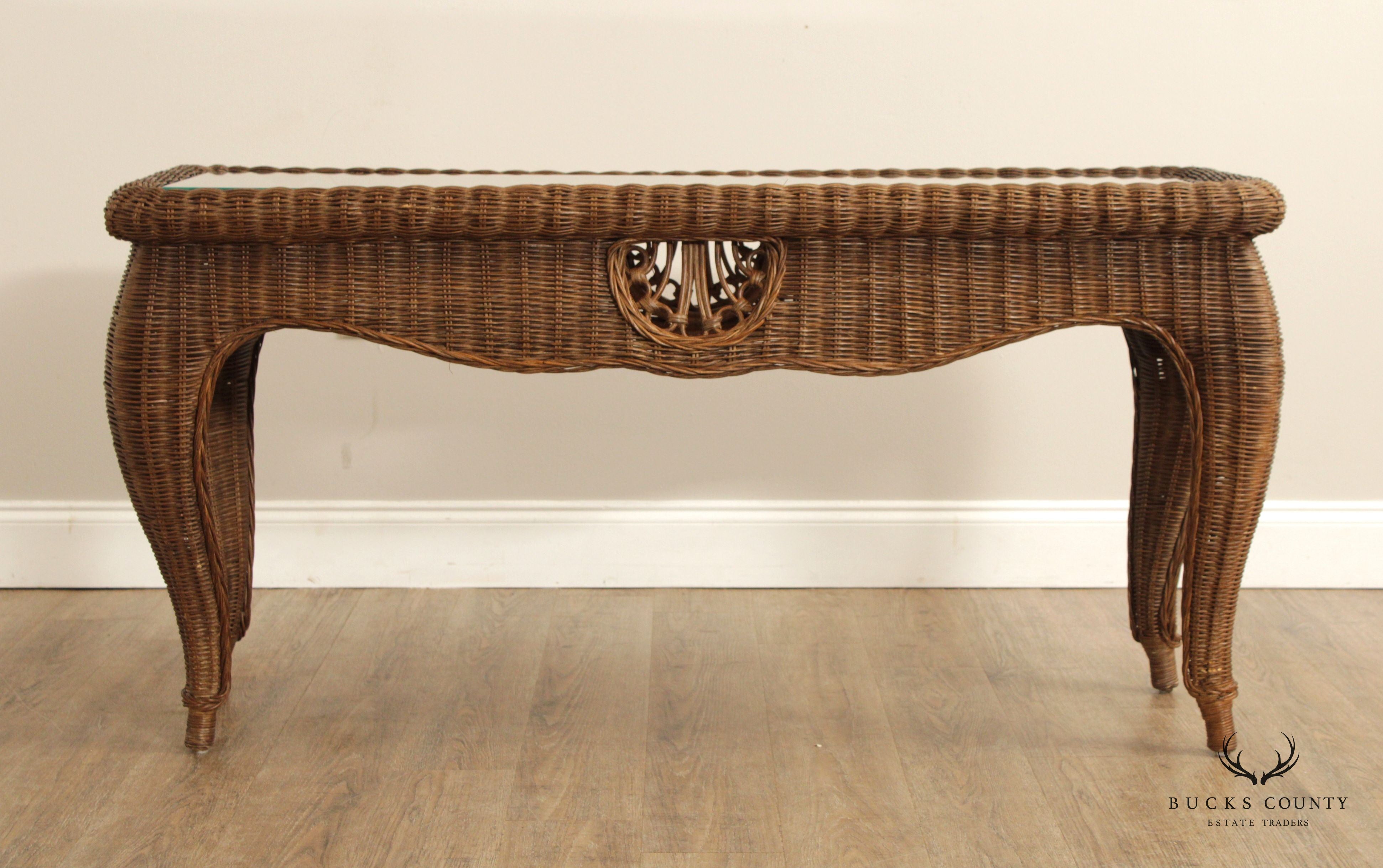 ETHAN ALLEN VICTORIAN STYLE VINTAGE WICKER CONSOLE TABLE