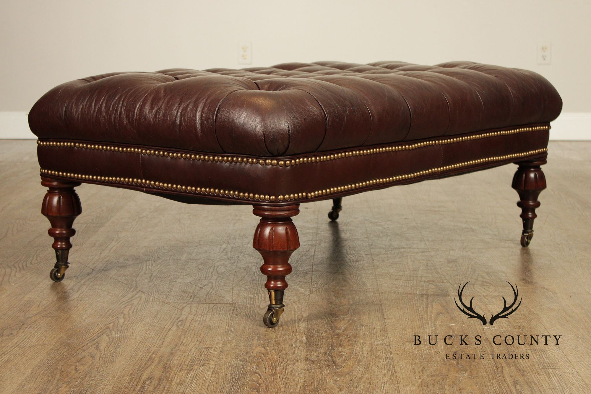 English Regency Style Tufted Leather Cocktail Ottoman On Turned Legs