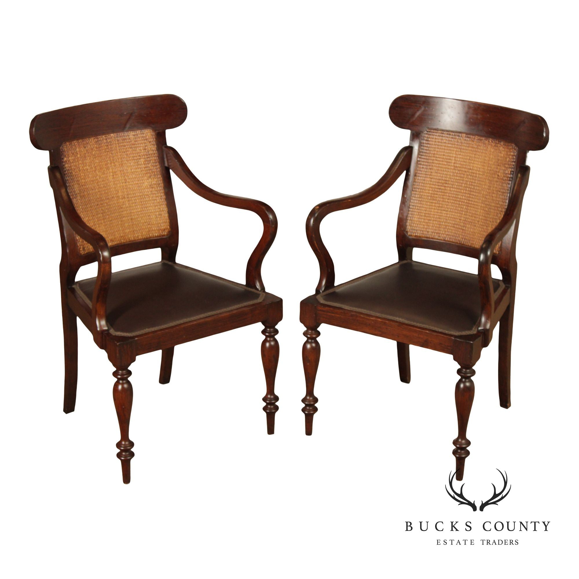 Vintage Anglo-Indian Style Pair of Caned Back Leather Seat Armchairs