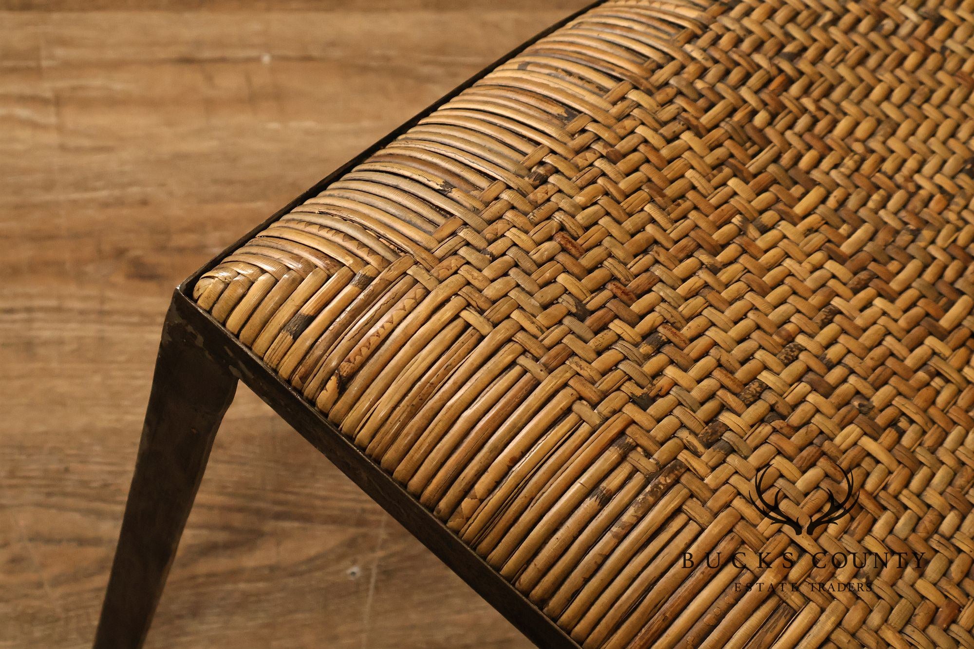 Biedermeier Style Pair Of Forged Iron And Woven Rattan Side Chairs