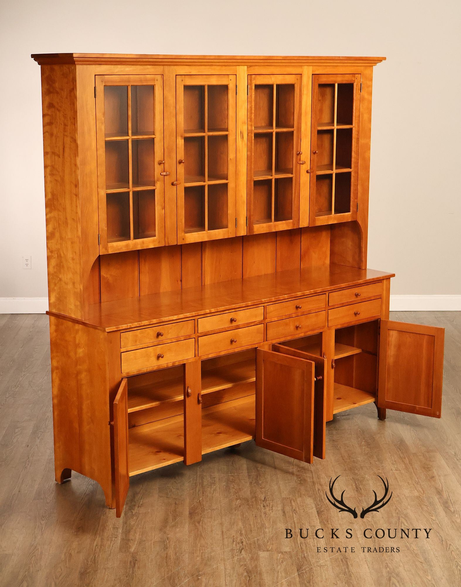 Shaker Shoppe Cherry Stepback Cupboard With Glass Door Hutch