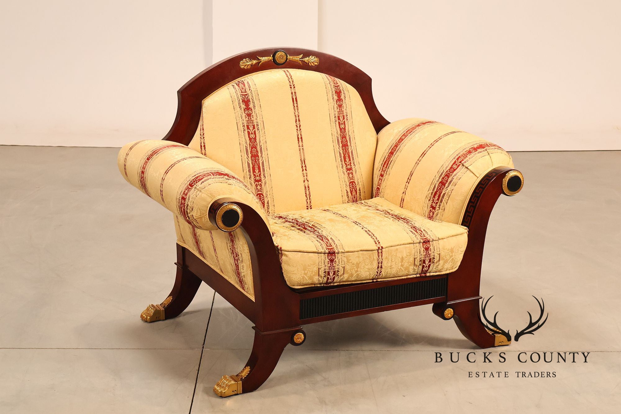 Empire Neoclassical Style Mahogany Upholstered Armchair With Gilt Bronze Accents