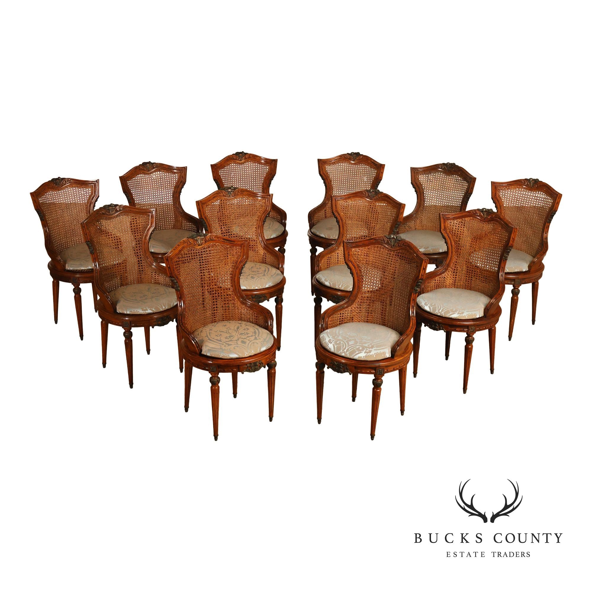 French Louis XVI Style Vintage Set Of 12 Caned Dining Chairs