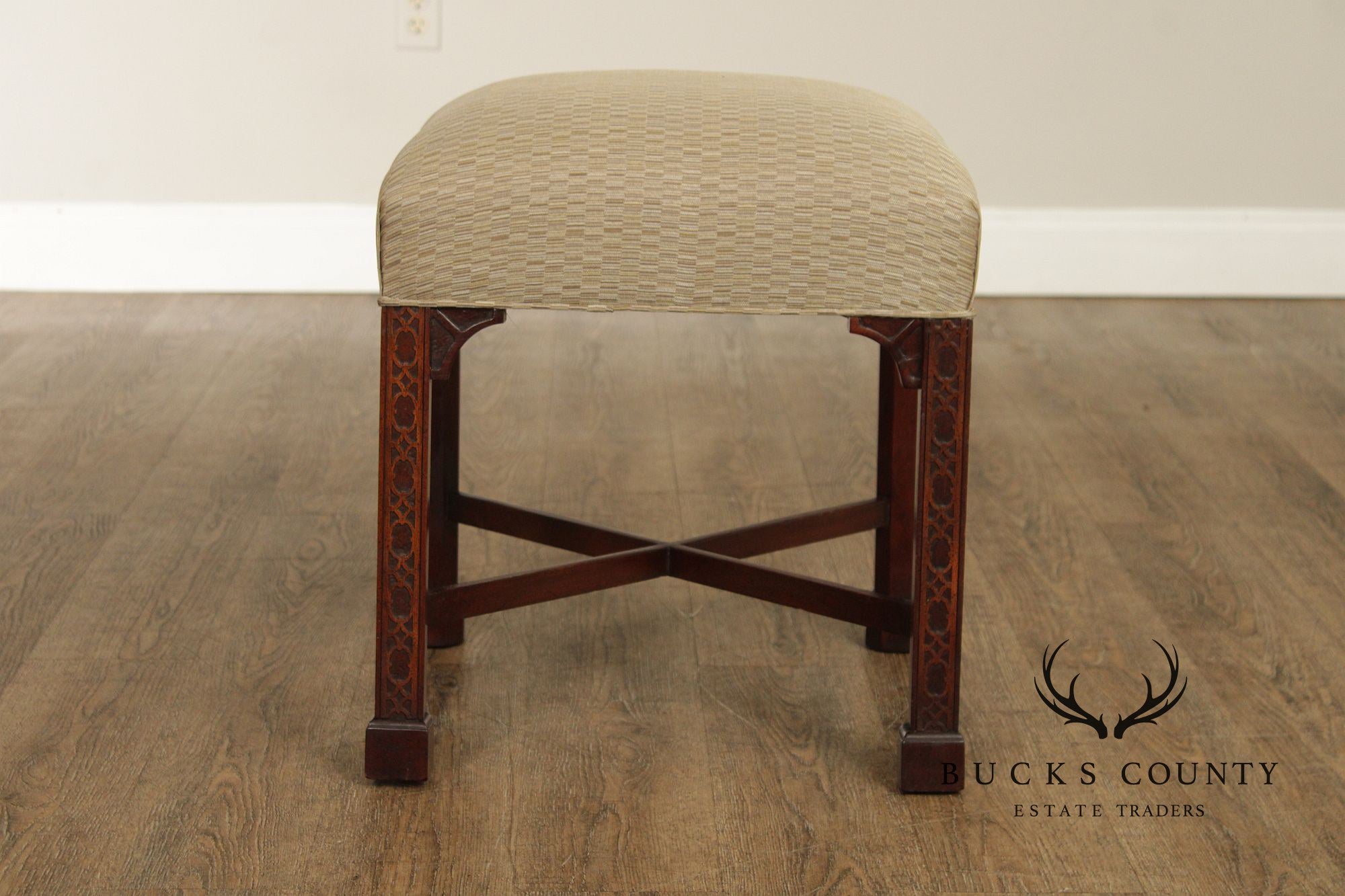 Chinese Chippendale Style Pair of Mahogany Stools