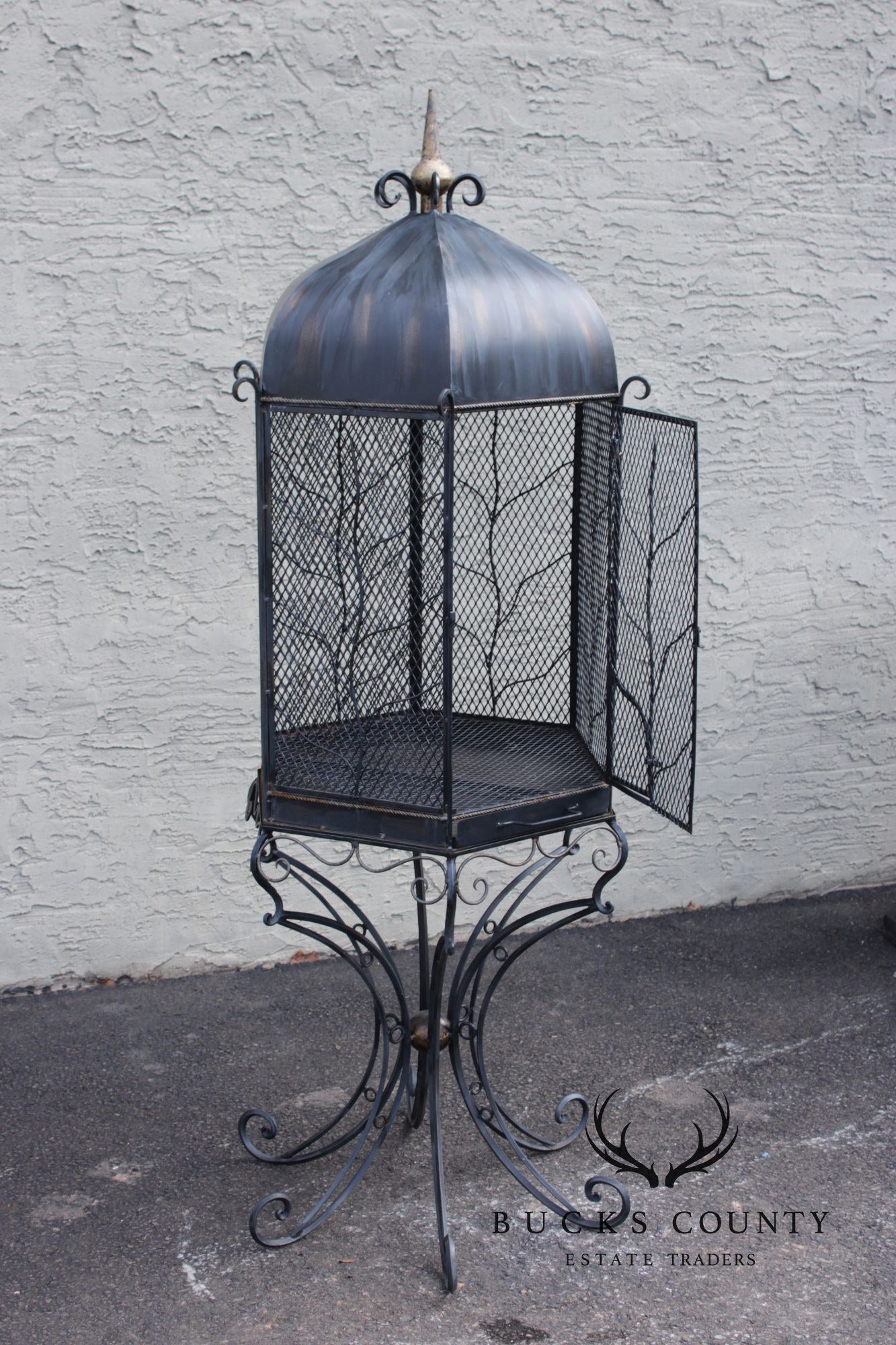 Vintage Wrought Iron Garden Bird Cage On Stand
