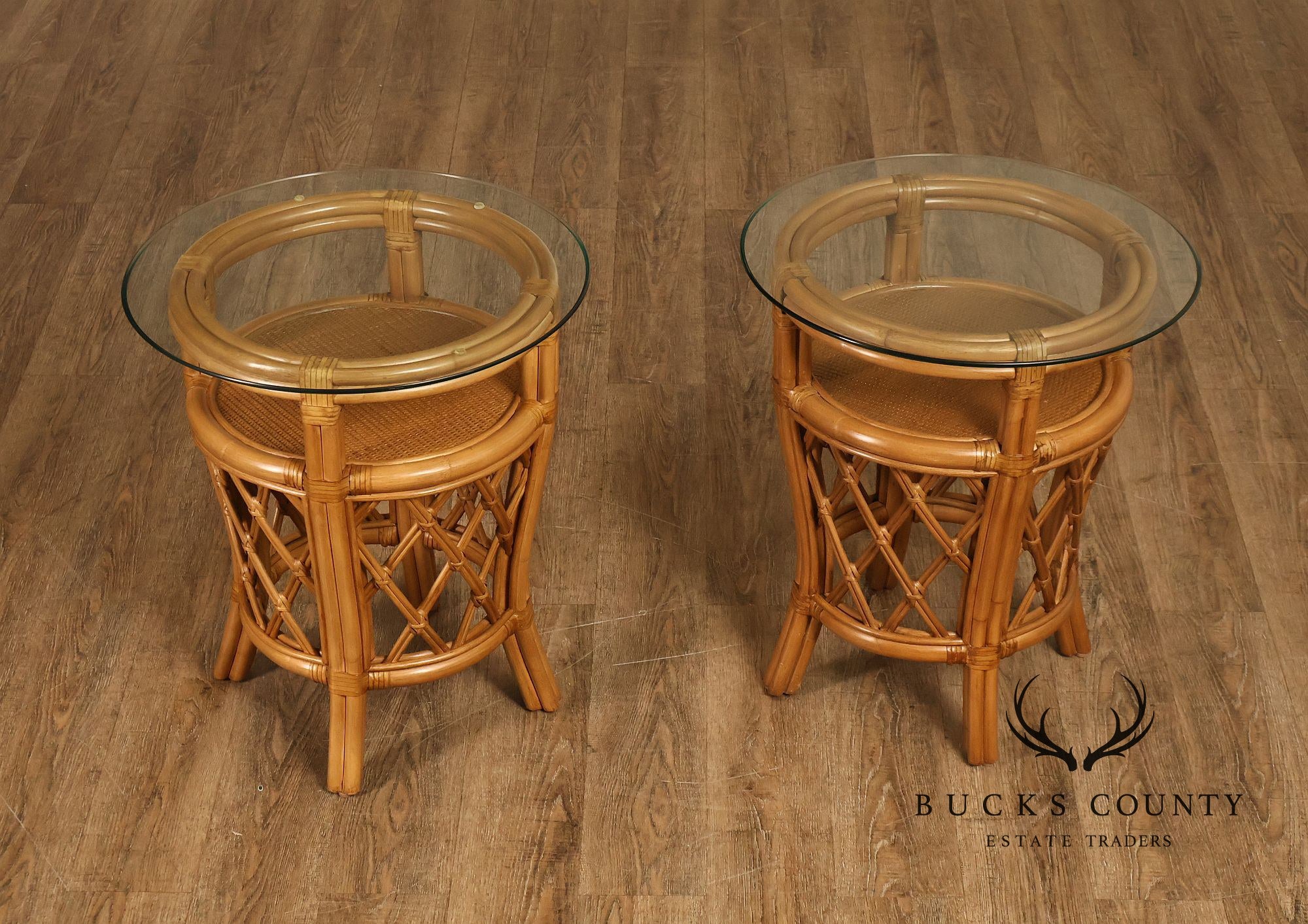 Boho Chic Pair of Round Glass Top Bamboo End Tables
