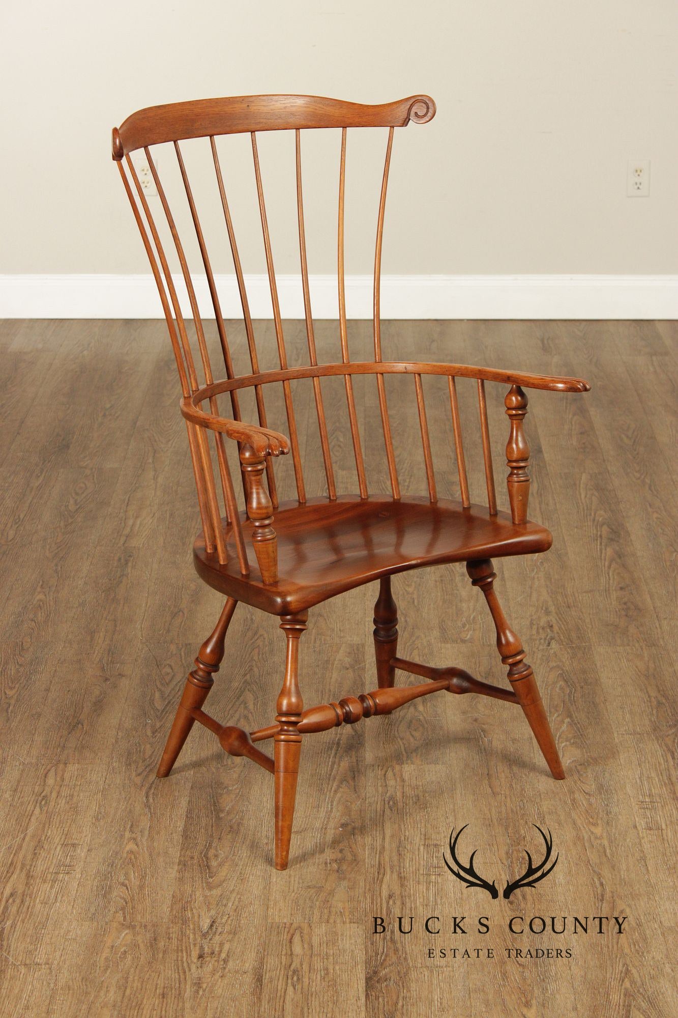 Quality Vintage Pair of Mixed Woods Windsor Armchairs