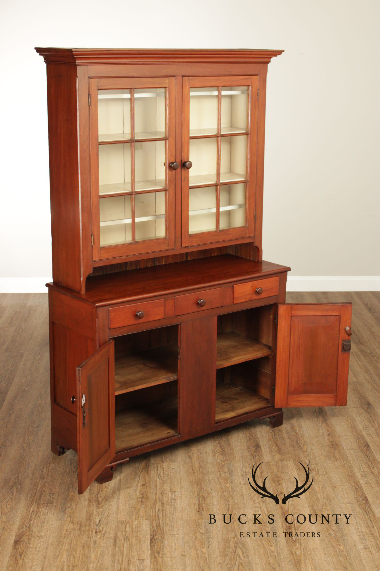 Antique American Cherry Dutch Cupboard Two Piece Hutch Cabinet