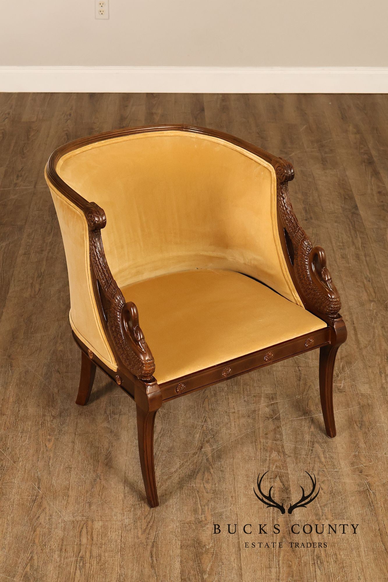 Pair Of French Empire Style Carved Mahogany Swan Motif Barrel Back Club Chairs In Gold Velvet