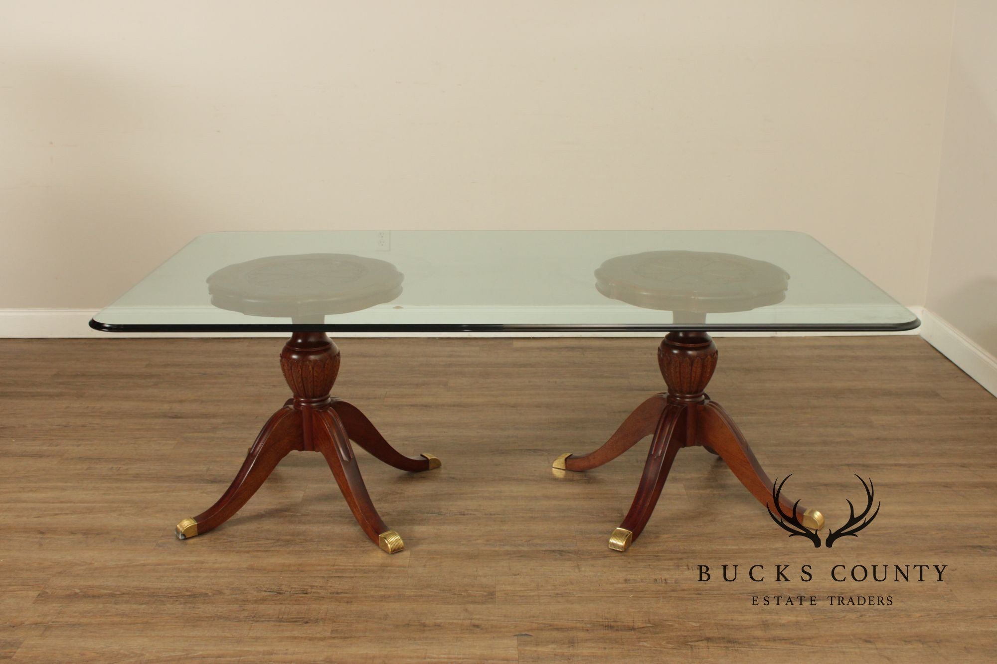 Georgian Style Mahogany Double Pedestal Glass Top Dining Table