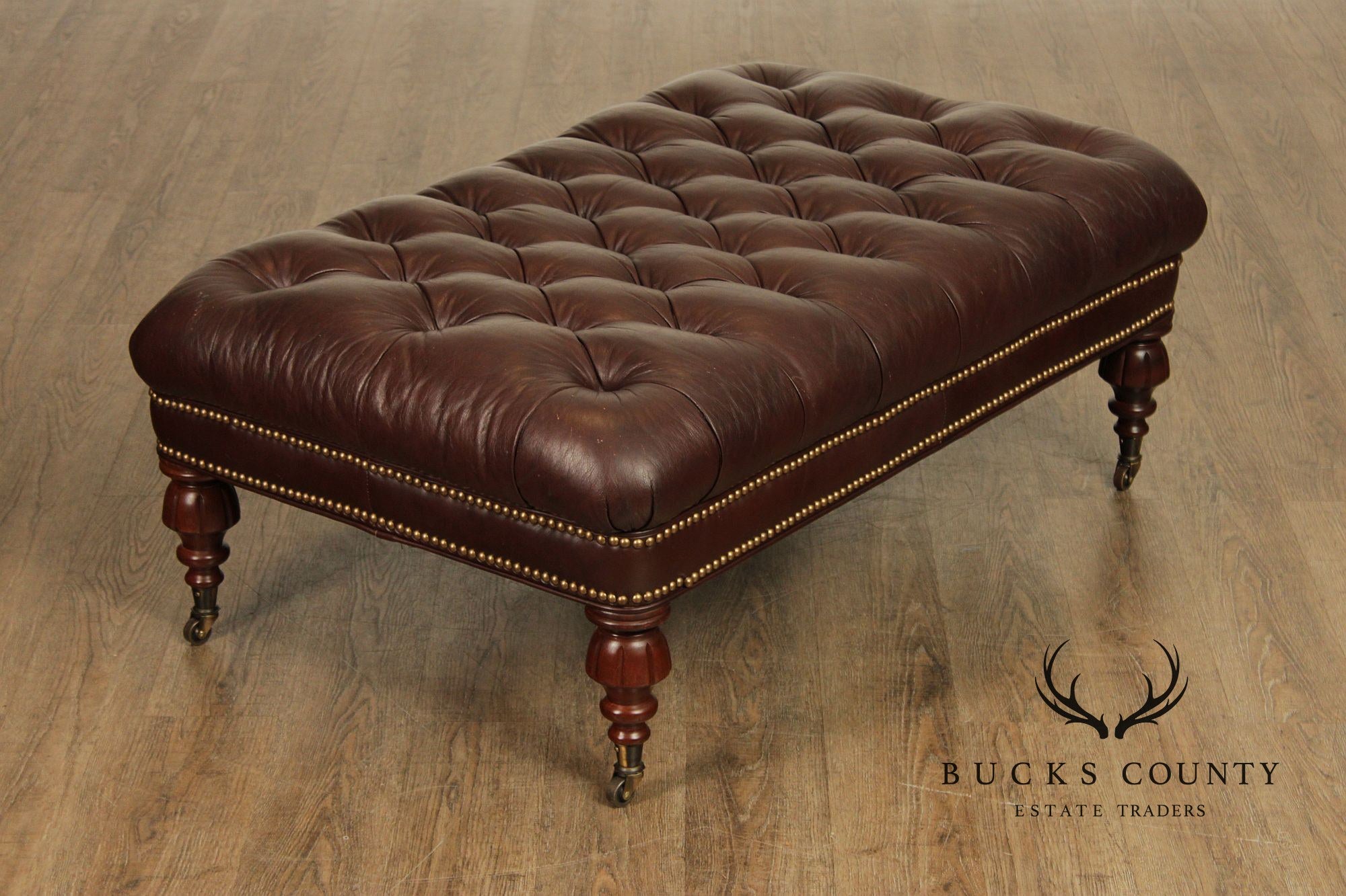 English Regency Style Tufted Leather Cocktail Ottoman On Turned Legs