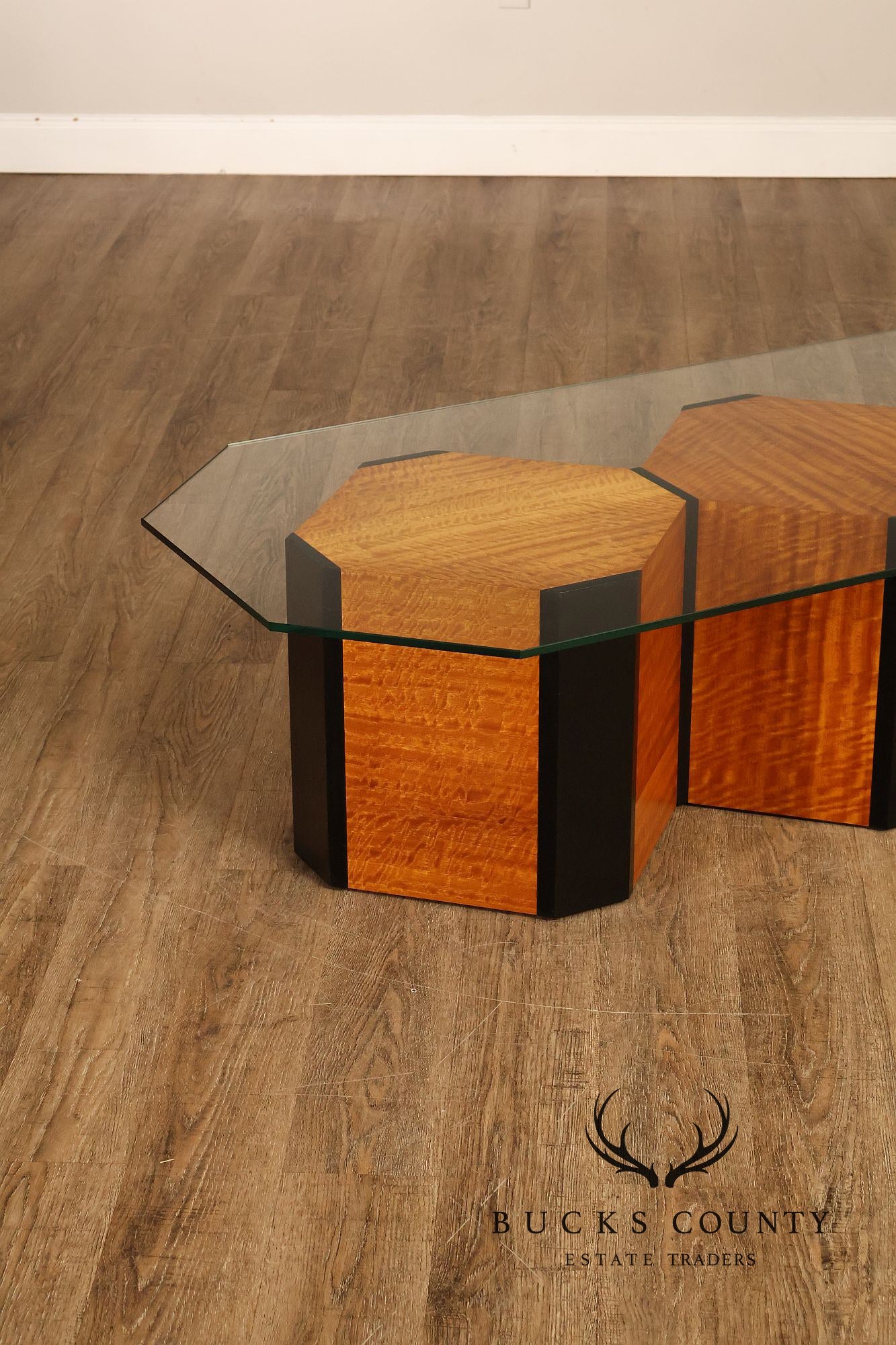 Honeycomb Style Glass Top Coffee Table With Figured Wood Base