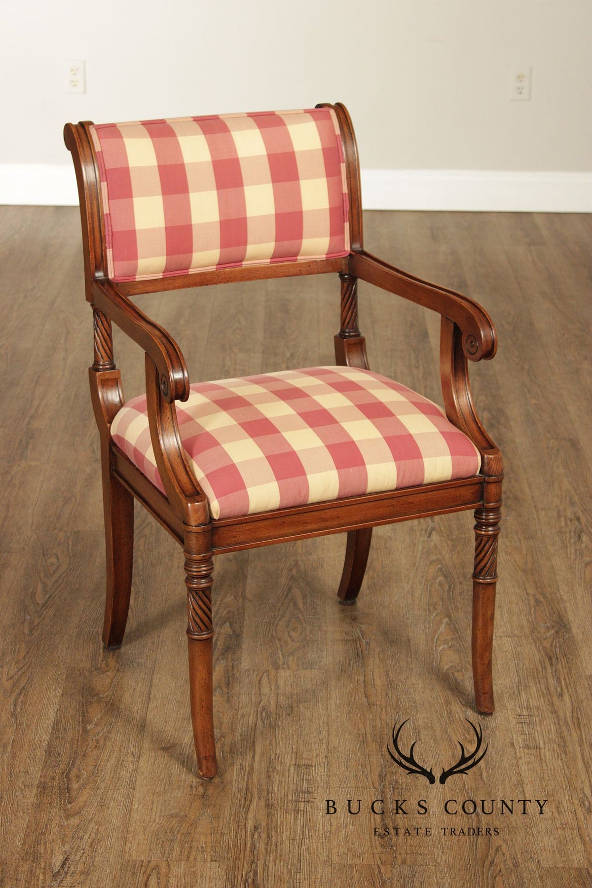 Guy Chaddock Set Of 4 Carved Wood Dining Armchairs In Scalamandré Check Fabric