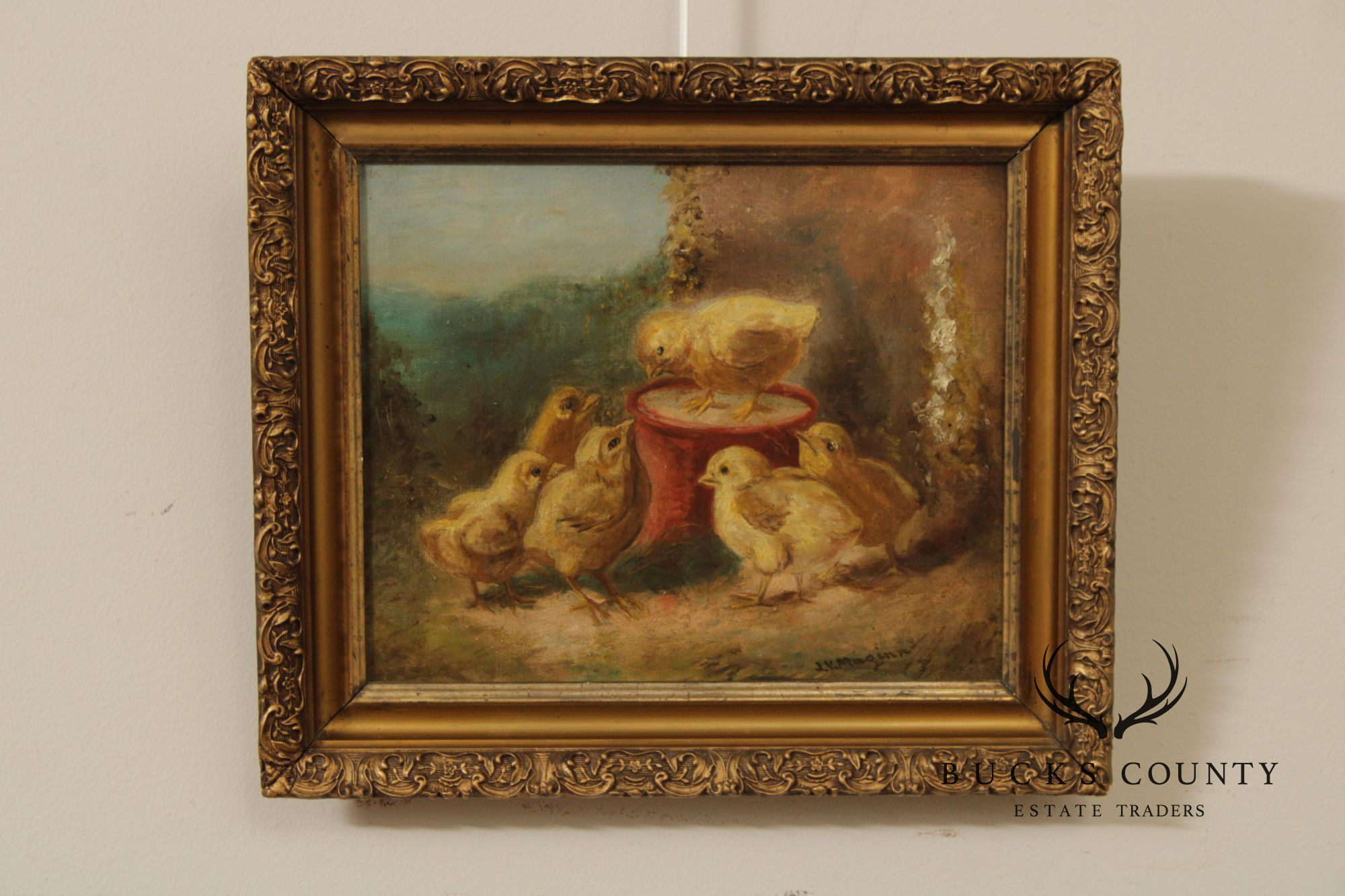 James Vincent Maginn Framed Painting, A Brood of Baby Chickens