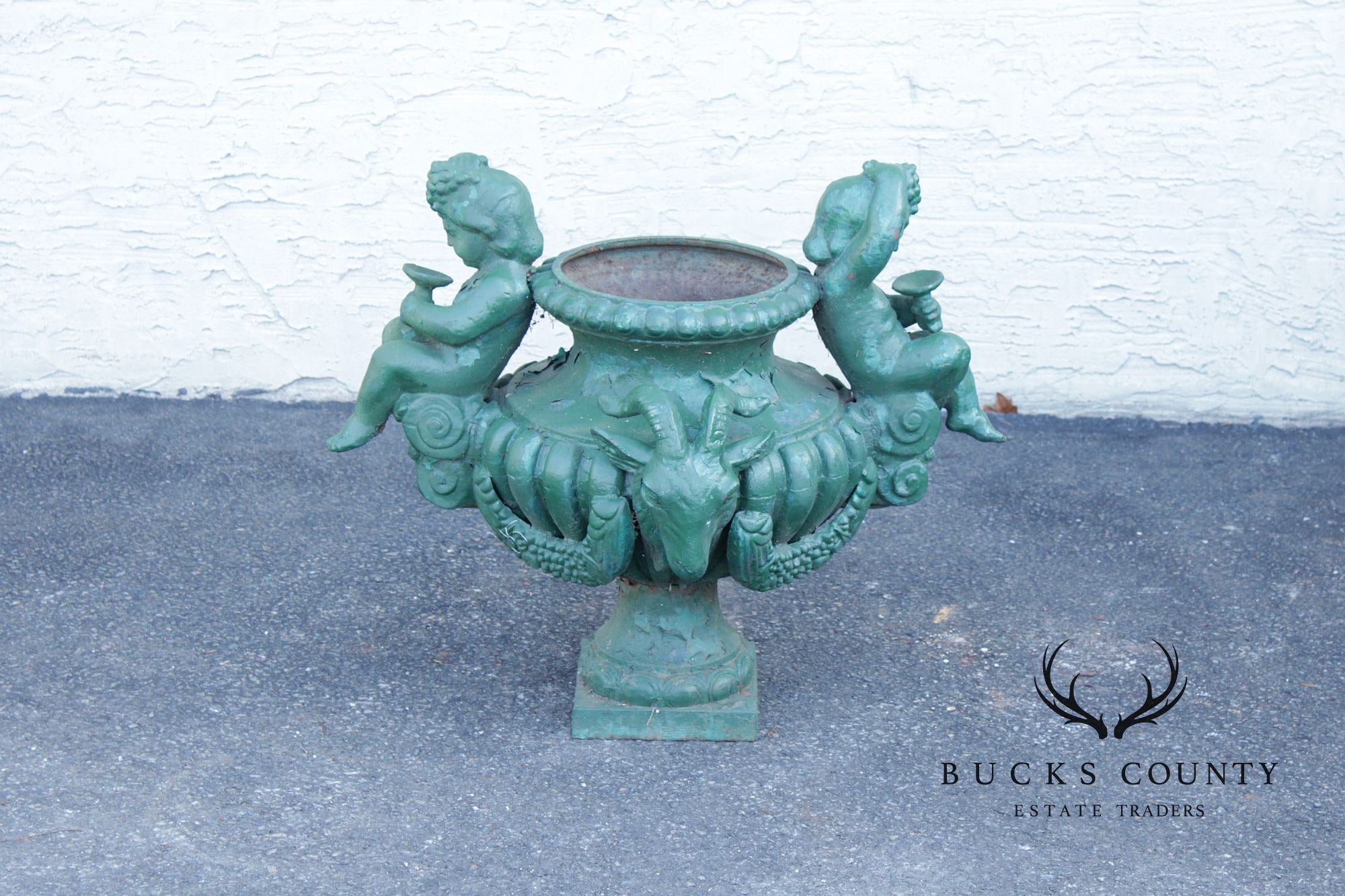 Antique Cast Iron Pair Of Cherub Garden Urn Planters