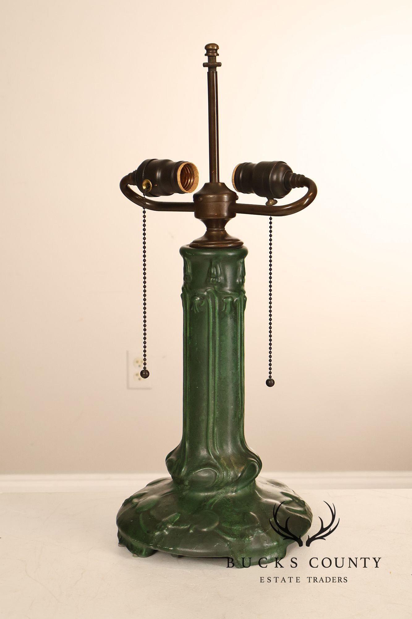 Weller Pottery Art Nouveau Green Glazed Table Lamp with Wicker Shade