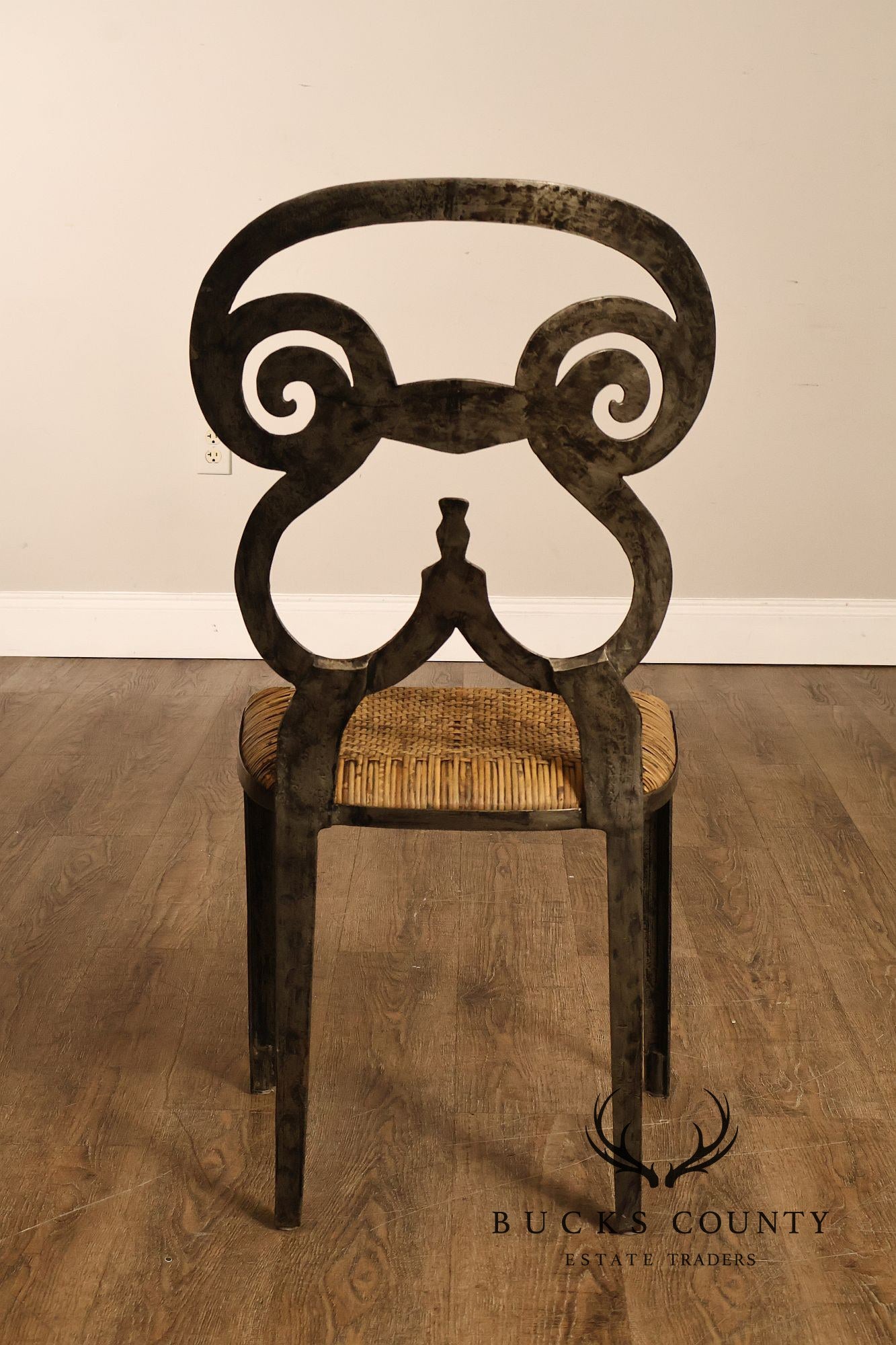 Biedermeier Style Pair Of Forged Iron And Woven Rattan Side Chairs