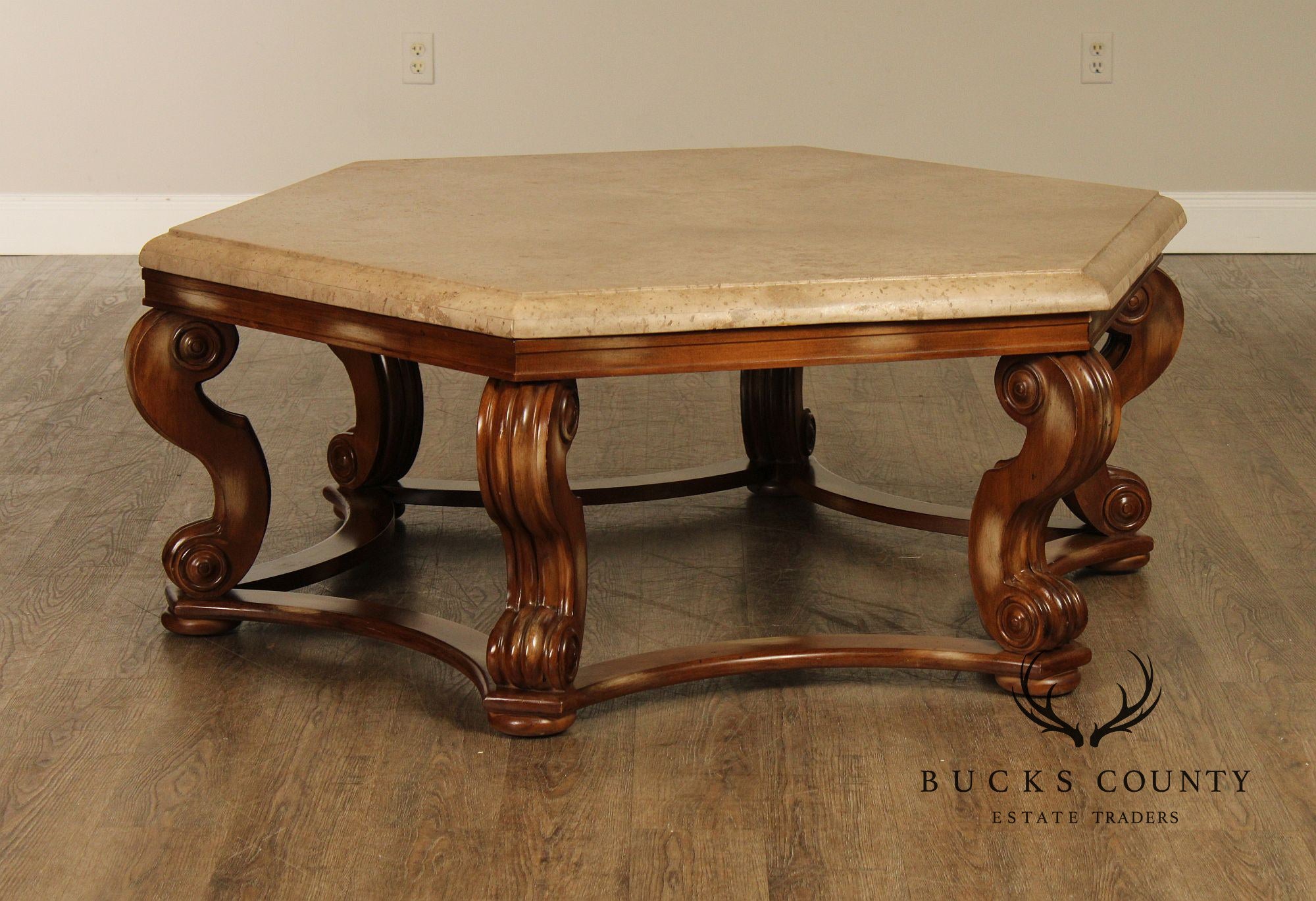 Century Furniture Tuscan Style Large Travertine Top Hexagonal Coffee Table