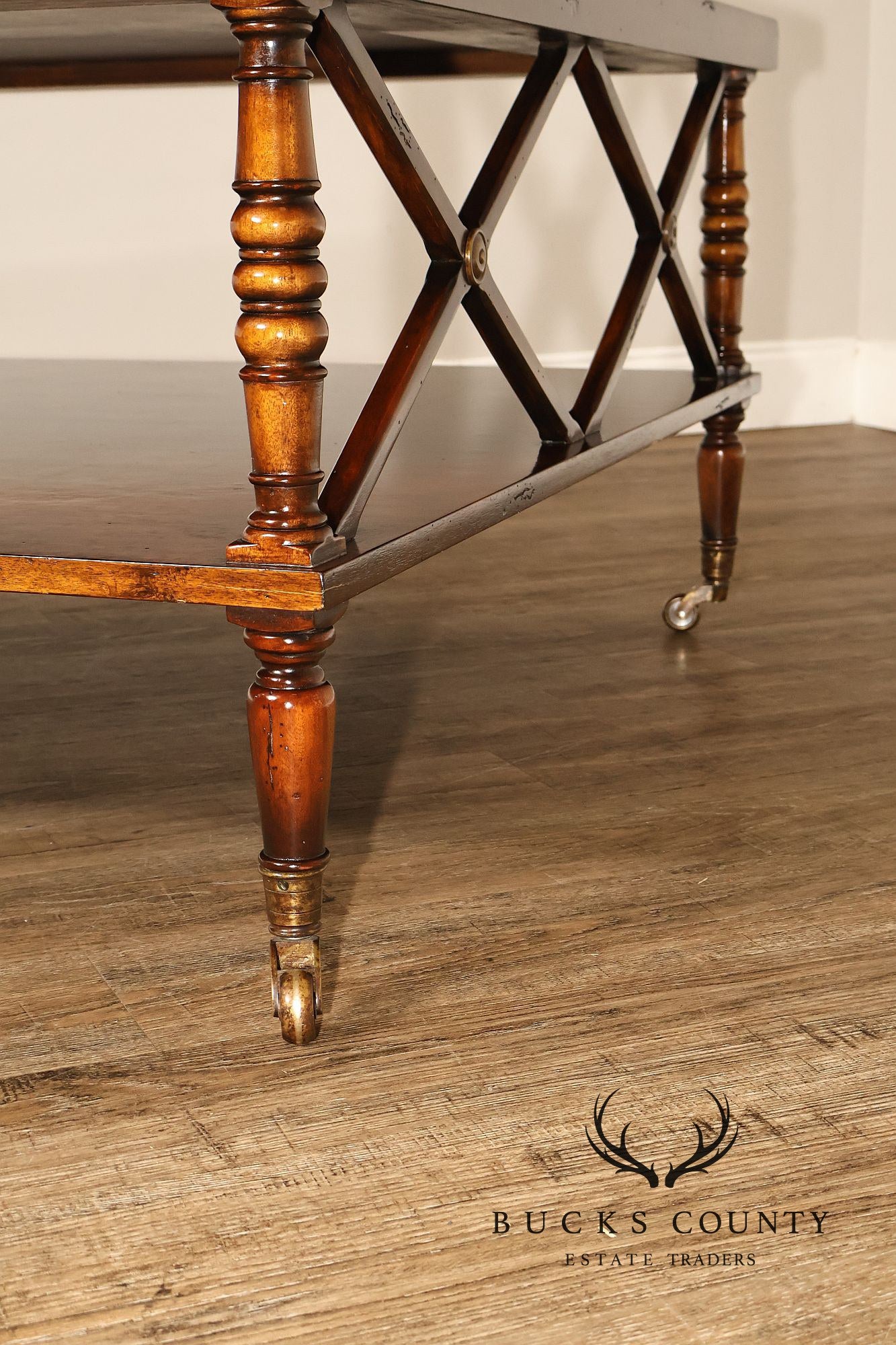 Regency Style Burl Wood Two-Tier Square Coffee Table On Brass Casters