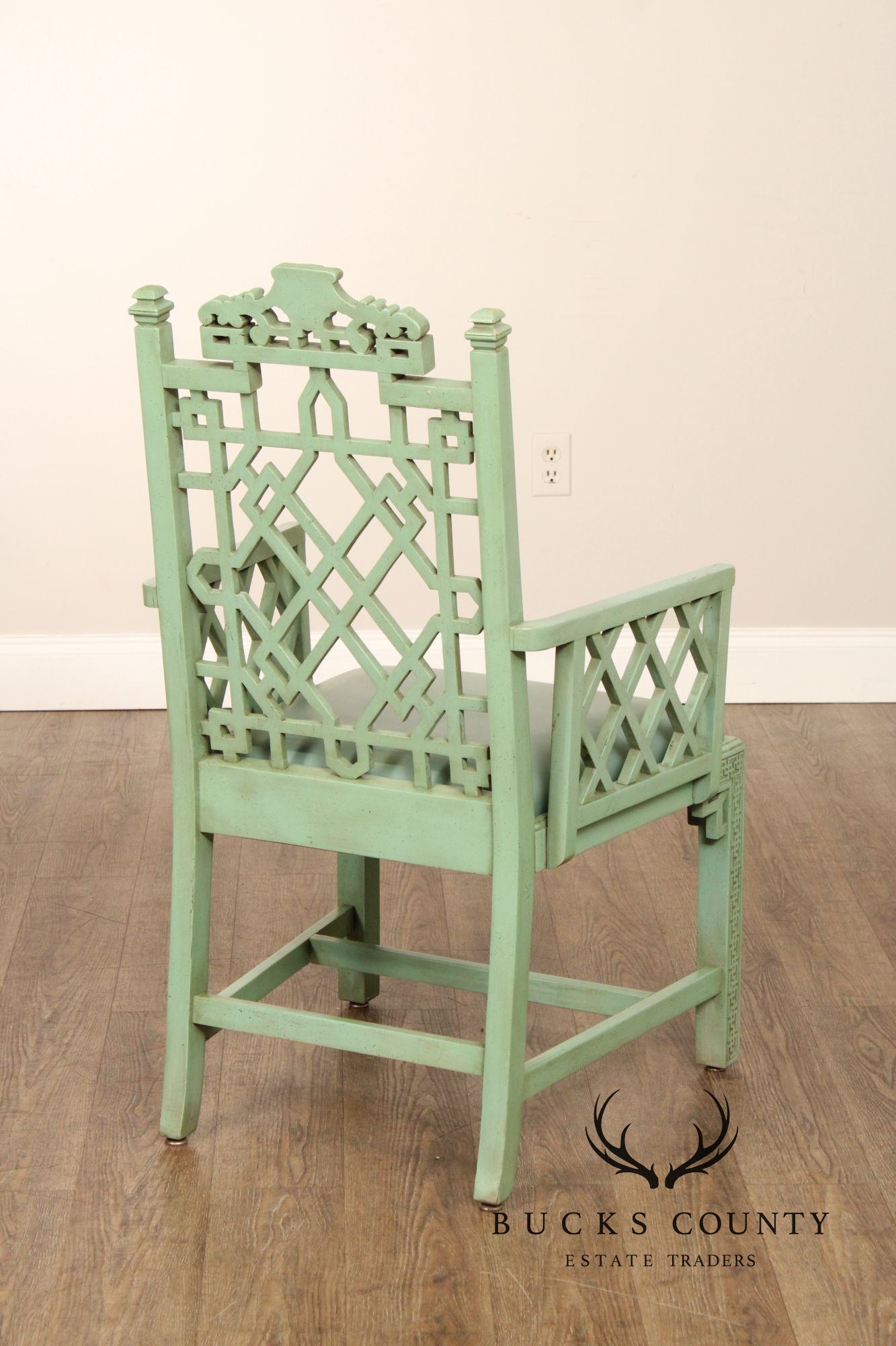 Chinese Chippendale Style Pair Painted Fretwork Armchairs