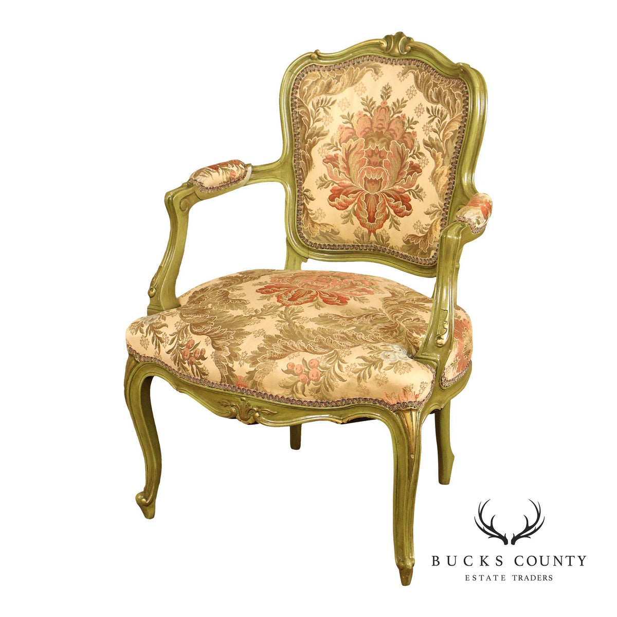 Vintage Louis XV Style Green Painted Floral Upholstered Armchair
