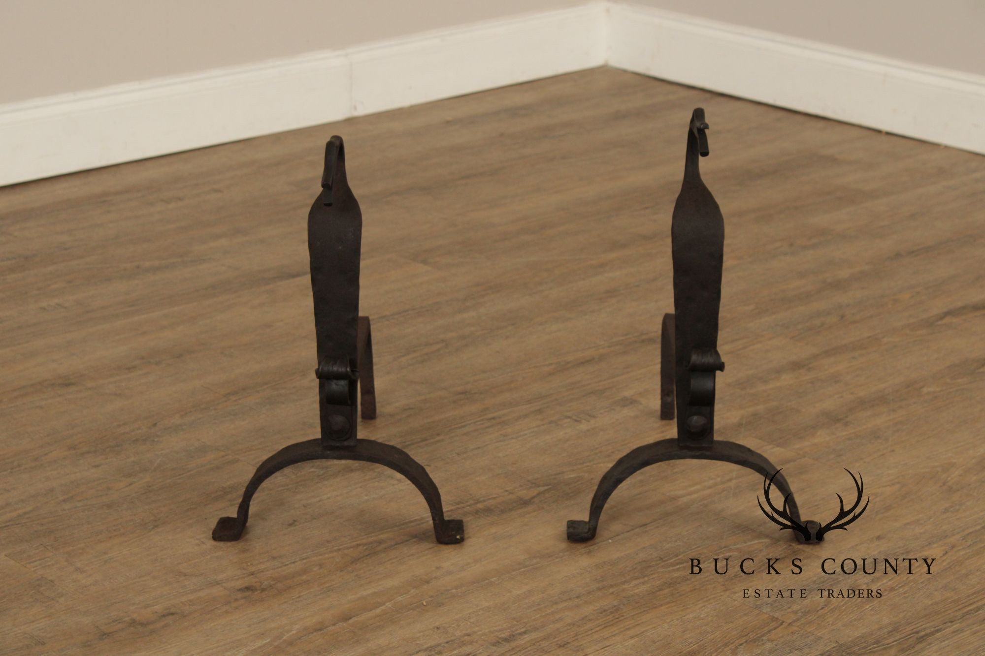 Arts & Crafts Pair of Wrought Iron Duck Fireplace Andirons