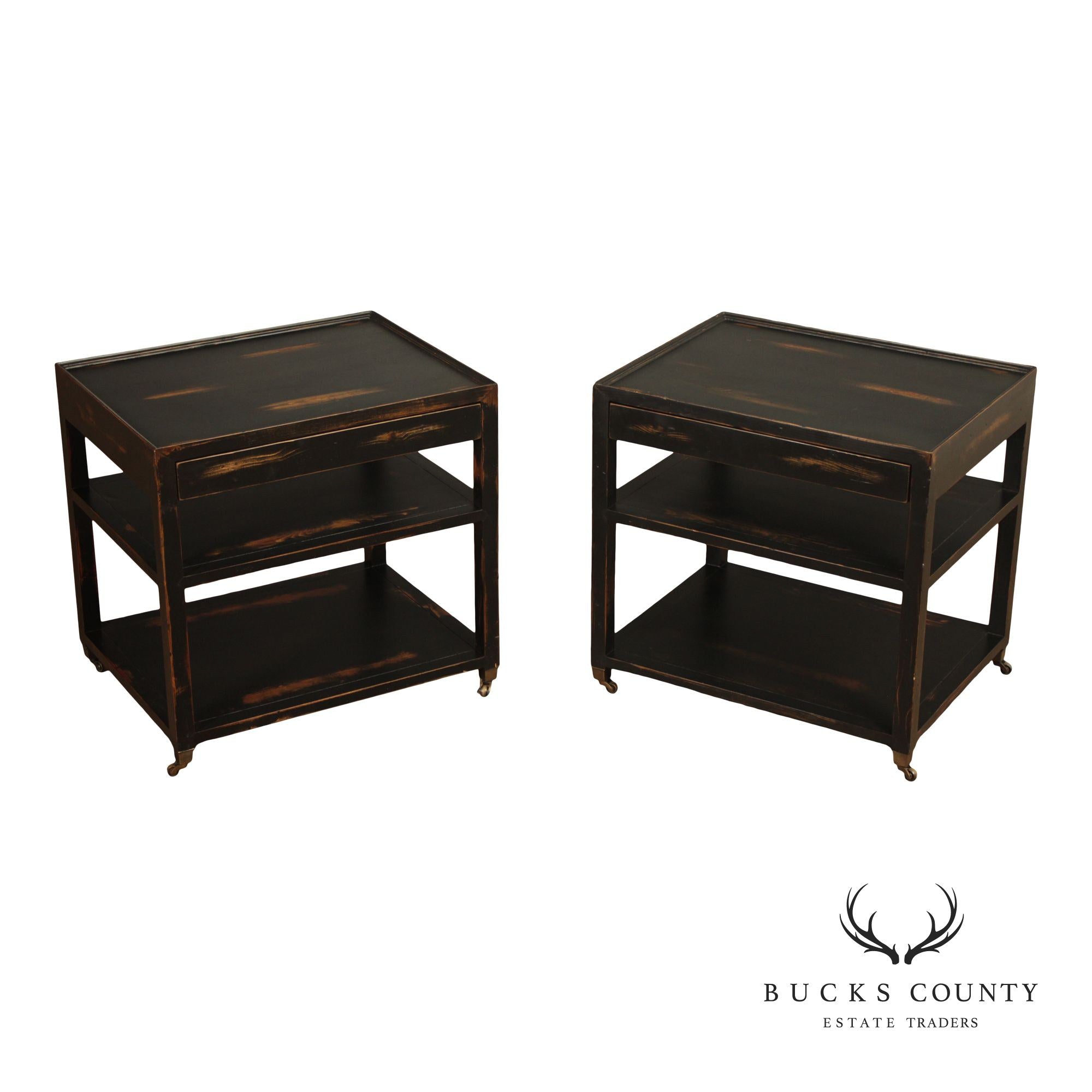 Industrial Style Pair of Ebonized Rolling End Tables