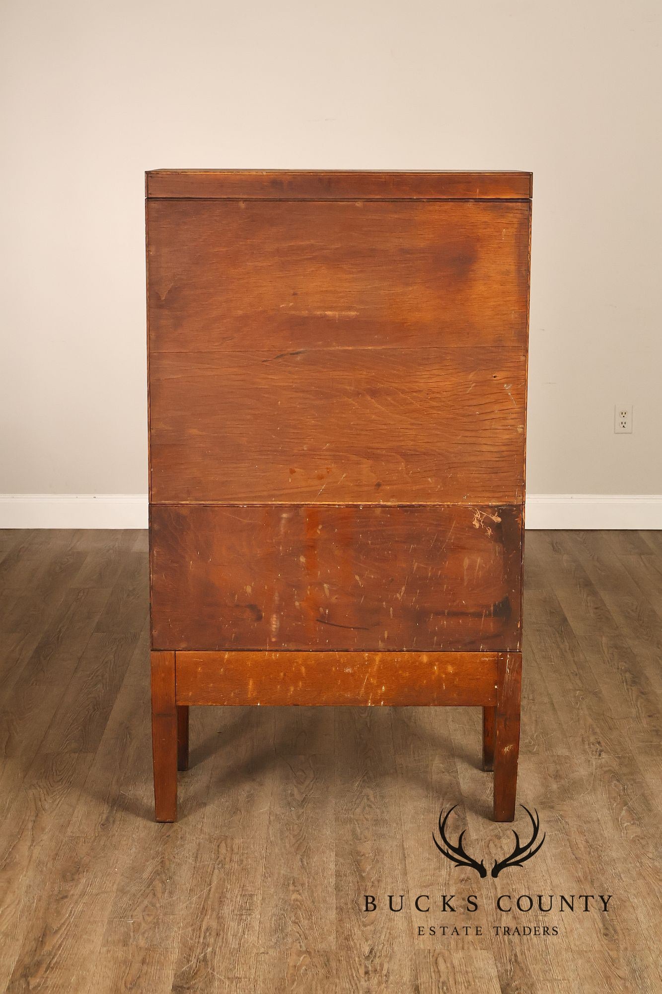 Globe Oak Sectional Bookcase Cabinet With Sliding Glass Doors And Drawers