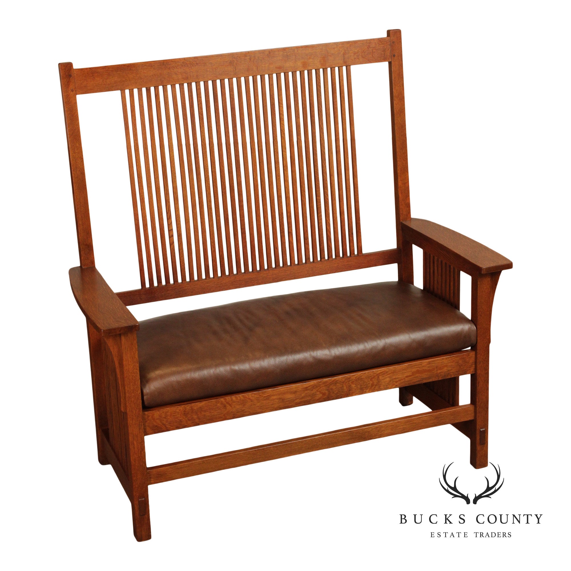 Stickley Mission Collection Oak And Leather Spindle Settee