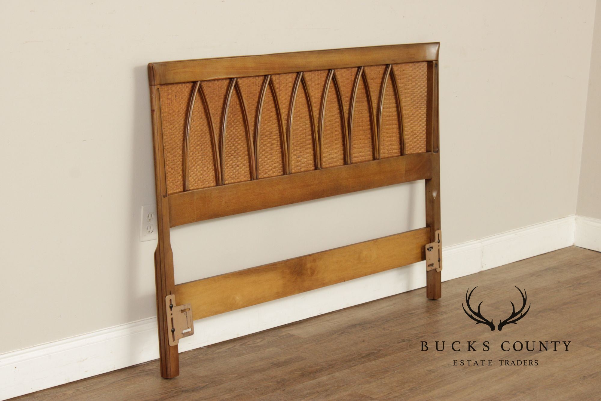 Mid Century Modern Walnut and Rattan Full-Size Headboard
