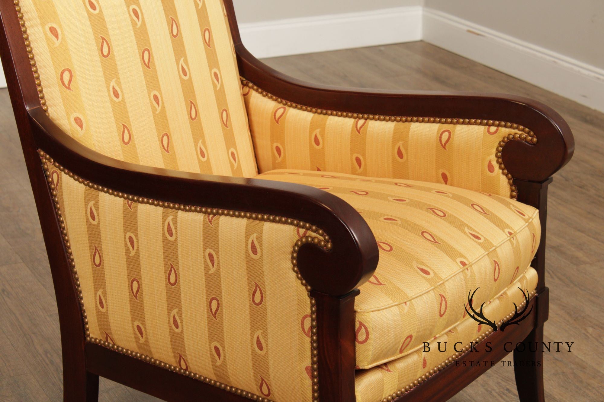 Kravet Furniture French Empire Style Pair of Mahogany Armchairs