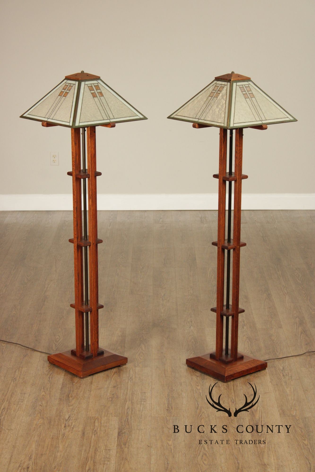 Pair Michael Adams – Aurora Studios Prairie School Oak & Stained Glass Floor Lamps