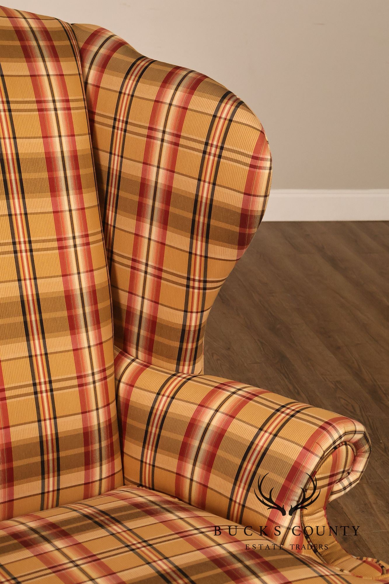 Ethan Allen Chippendale Style Plaid Upholstered Wing Chair
