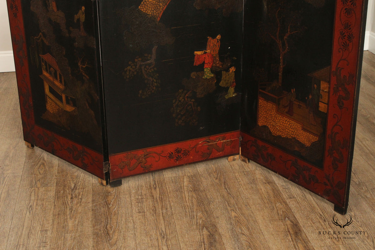 Japanese Vintage Hand Painted Folding Three-Panel Screen