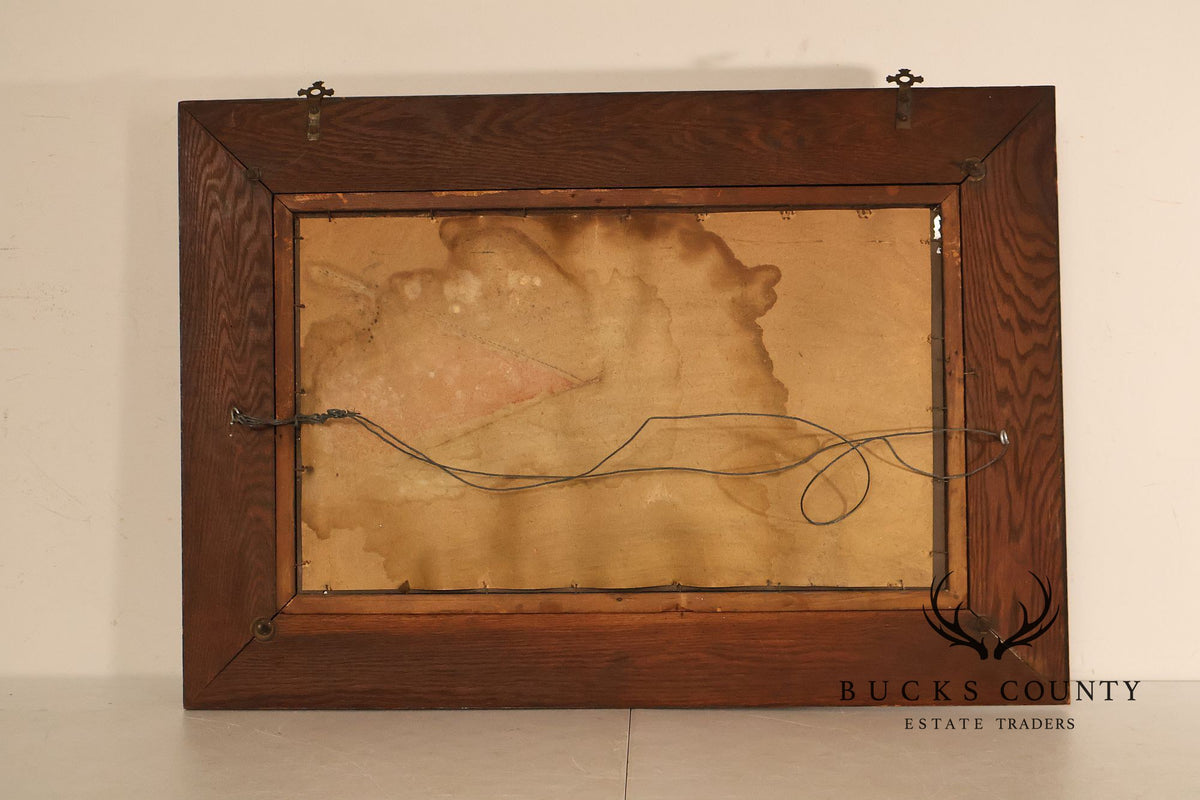Antique Victorian Oak Wall Mirror With Cast Iron Coat Hooks