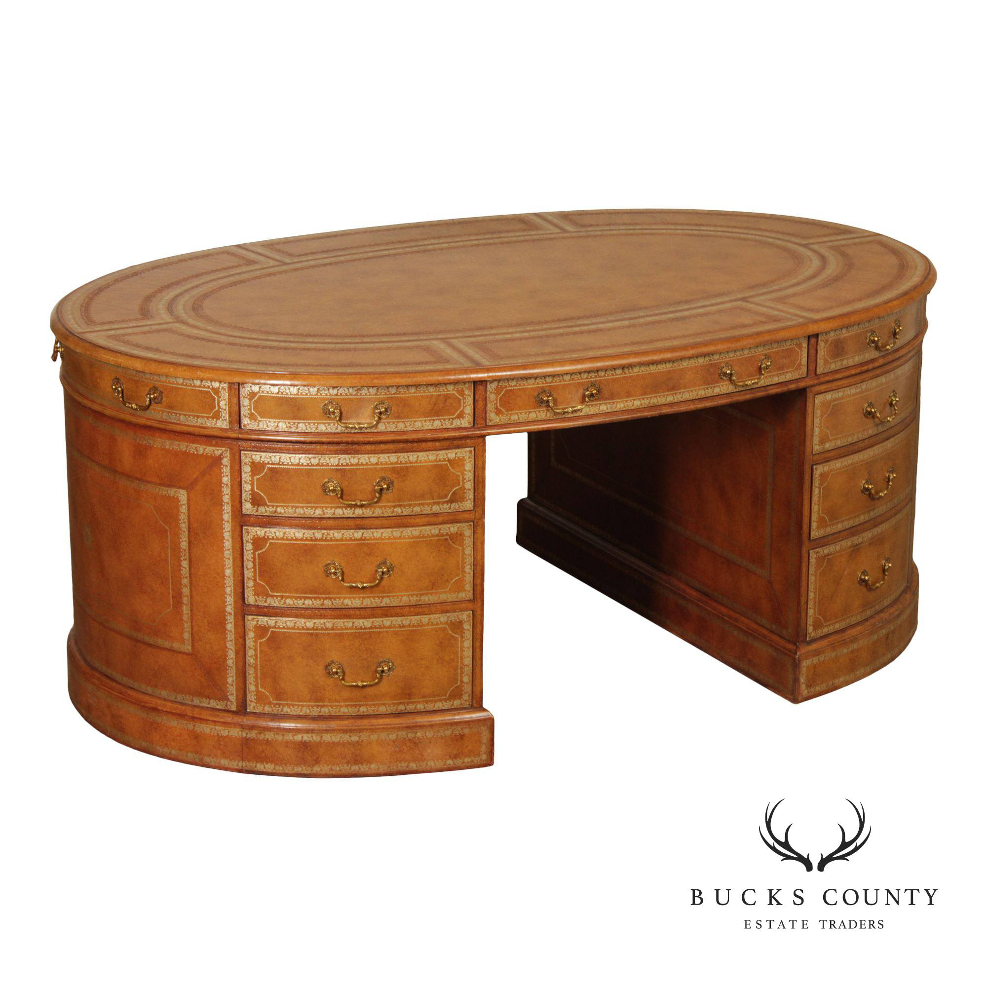 Maitland Smith Leather Wrapped Oval Executive Partners Desk