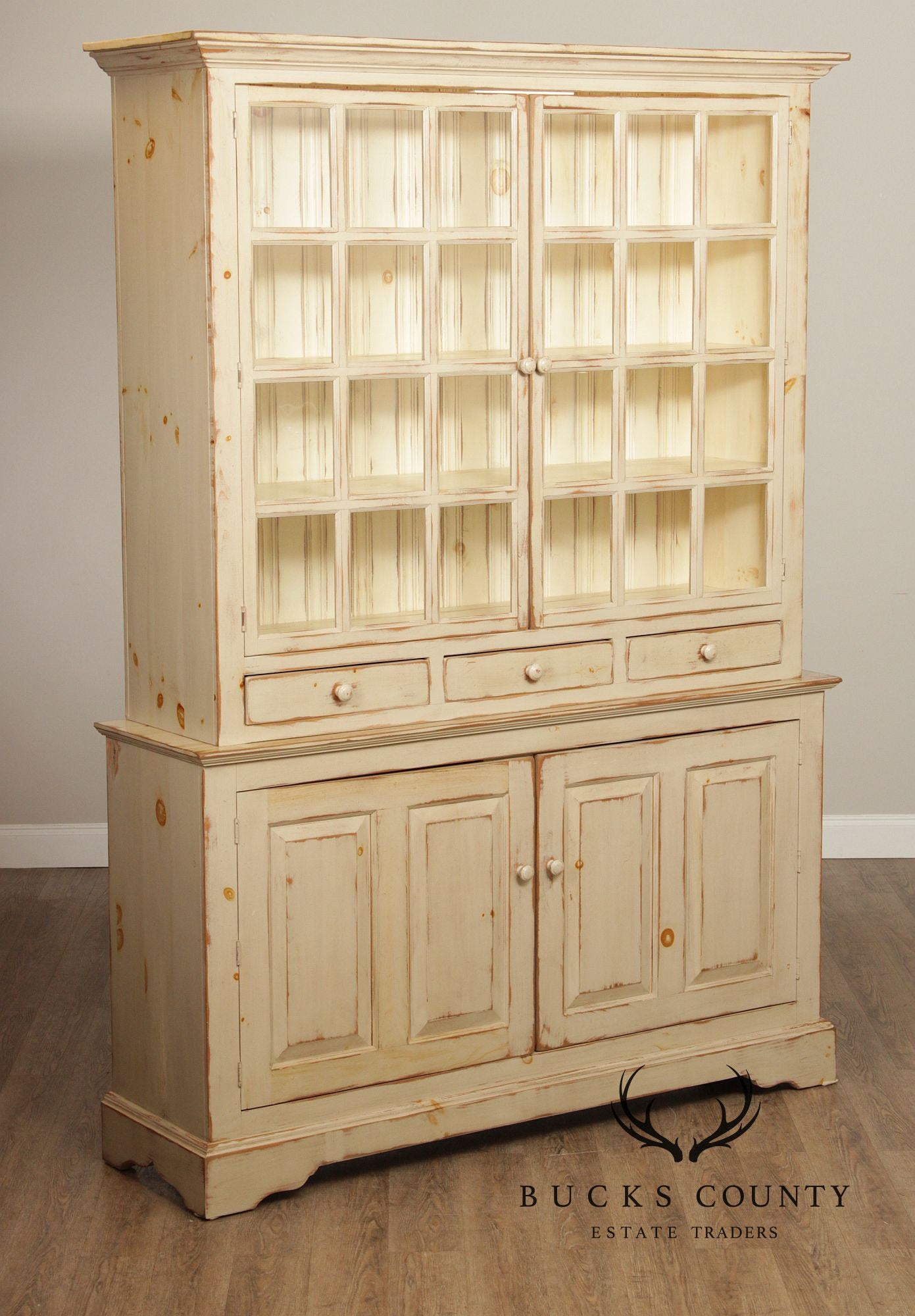 Farmhouse Distress Painted Large Step-Back Cupboard