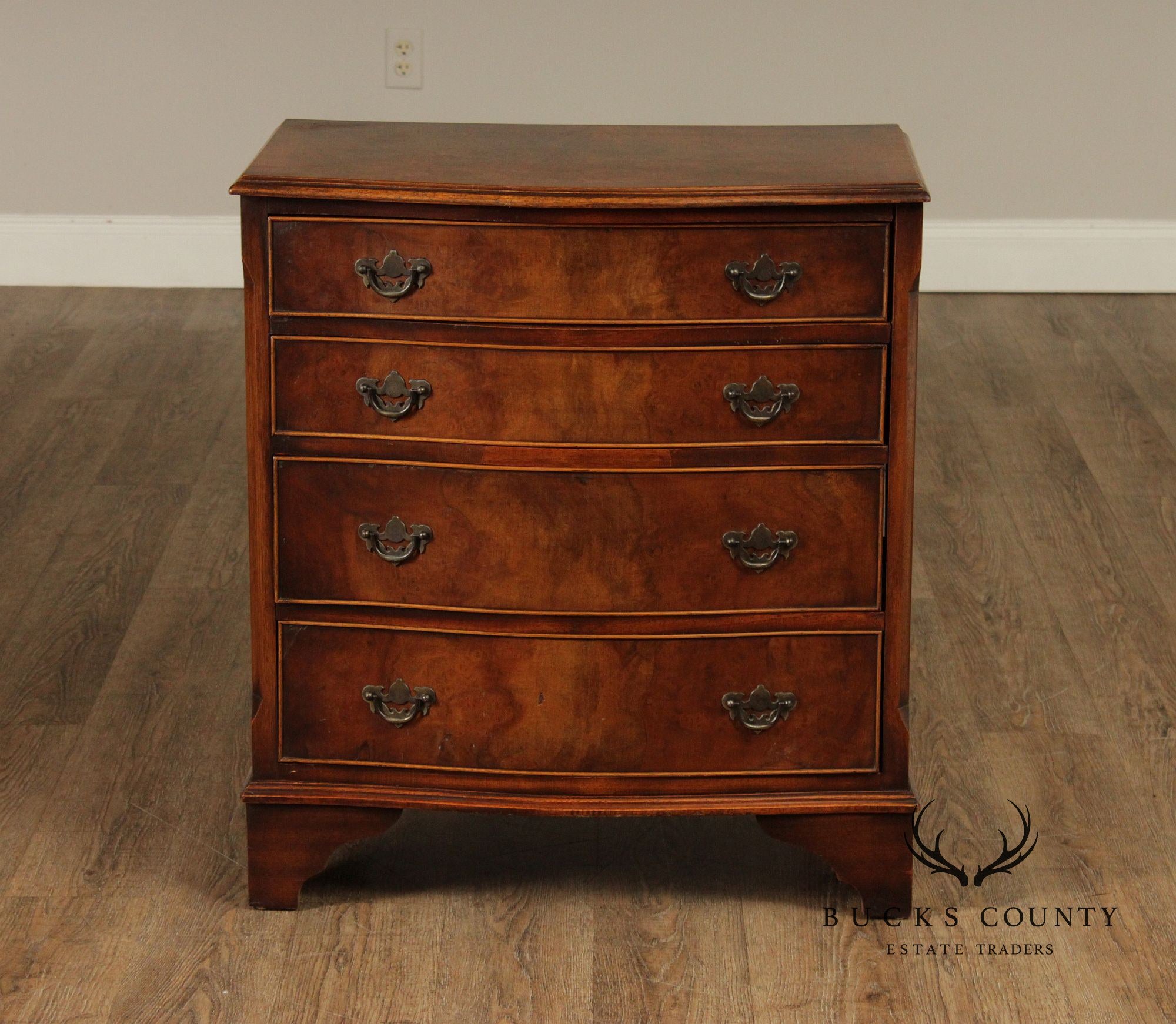 Georgian Style Burlwood English Bachelor Chest Of Drawers