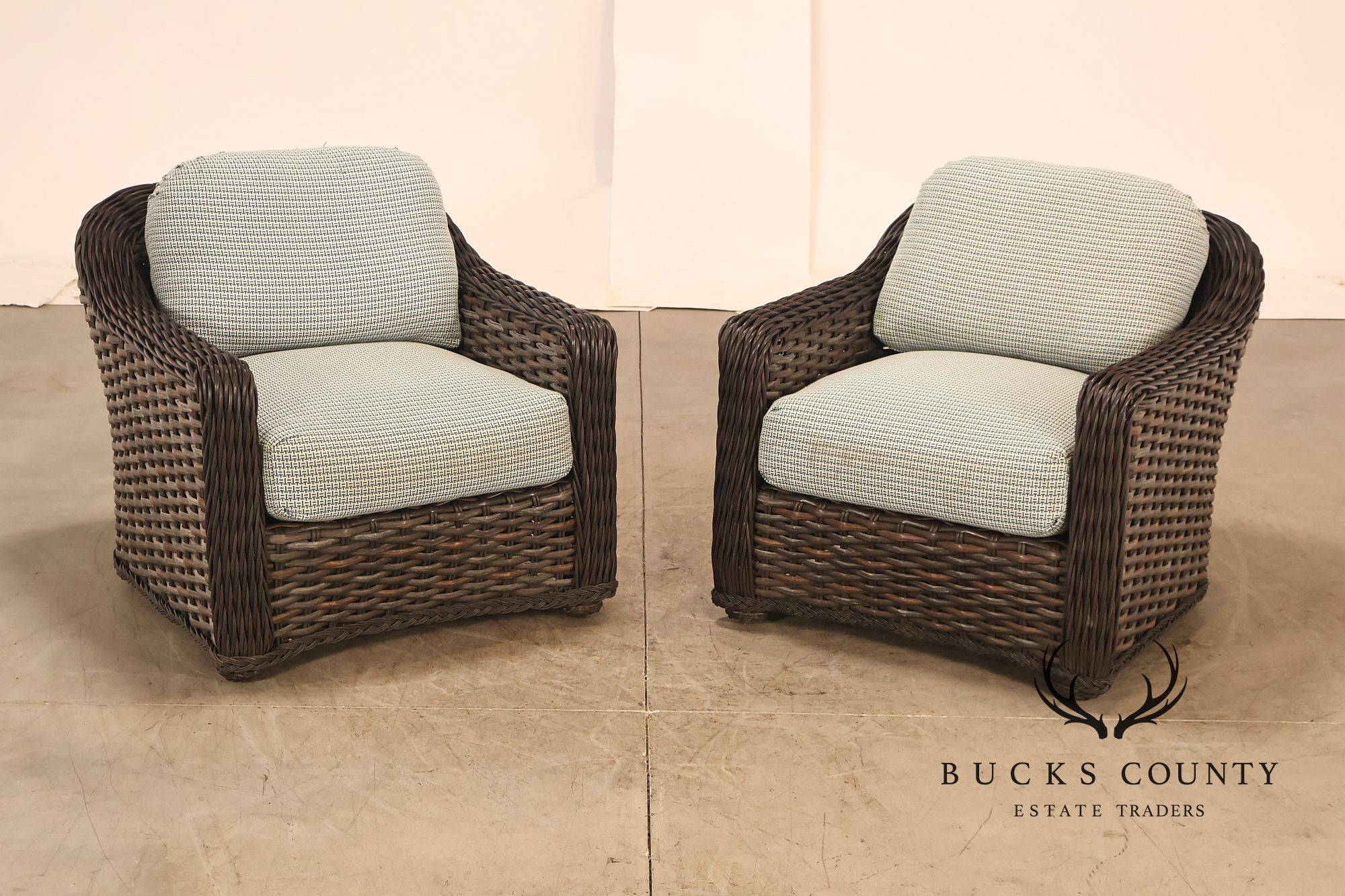 Lane Venture Pair Of Woven Wicker Outdoor Lounge Club Chairs With Cushions