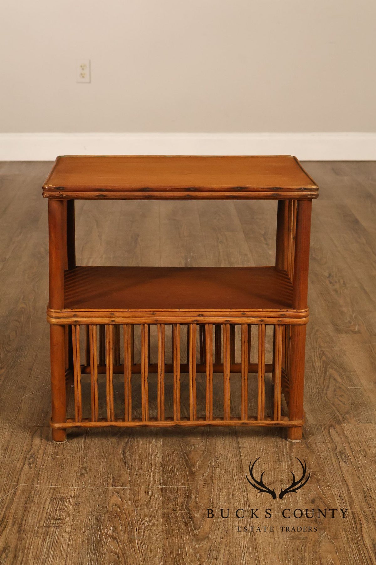 Antique Split Reed Rattan Pair of Side Tables