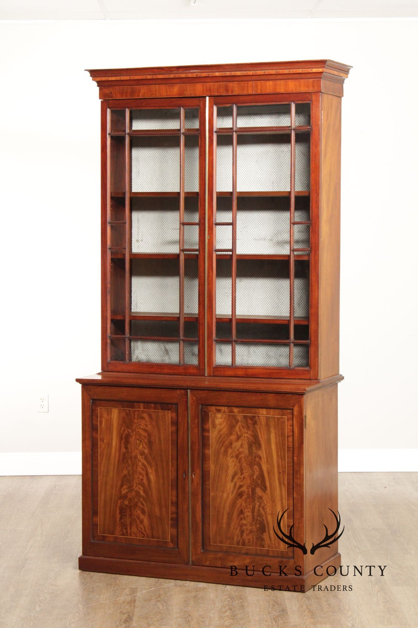 Antique English Mahogany Georgian Style Inlaid Bookcase Cabinet