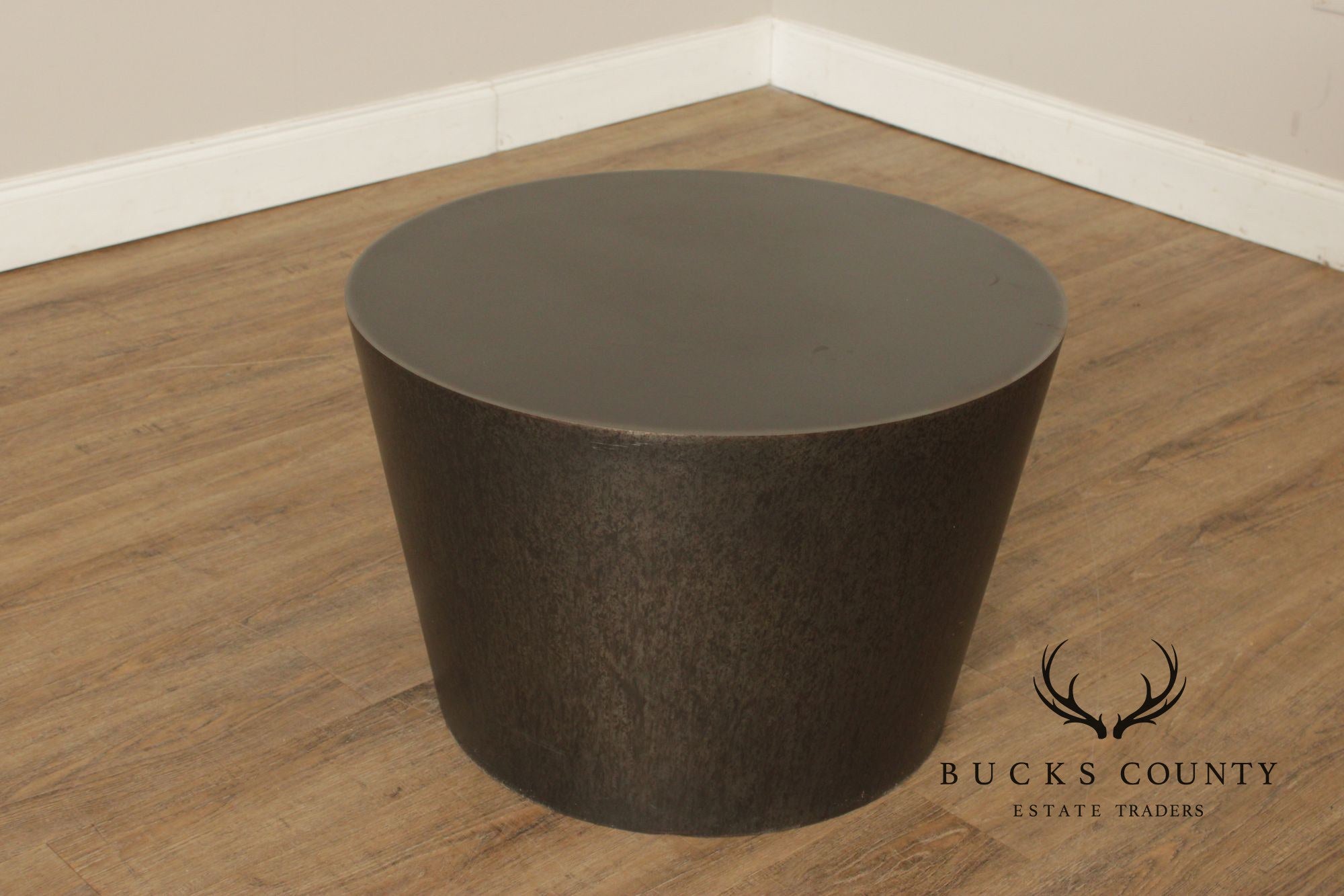 Modern Pair of Patinated Steel Round Drum Side Tables