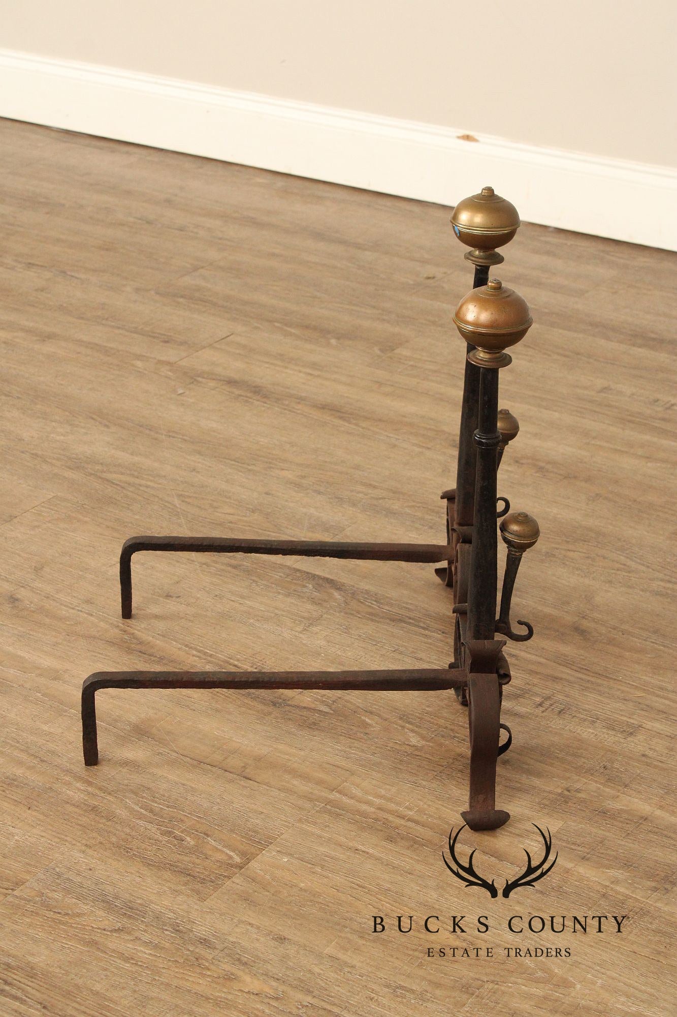 Antique Pair of Forged Iron and Brass Fireplace Andirons