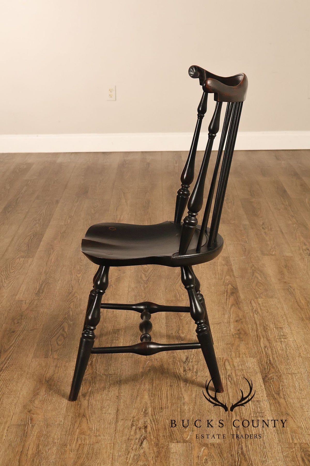 Custom Set Of Four Black Over Red Painted Fan Back Windsor Dining Chairs