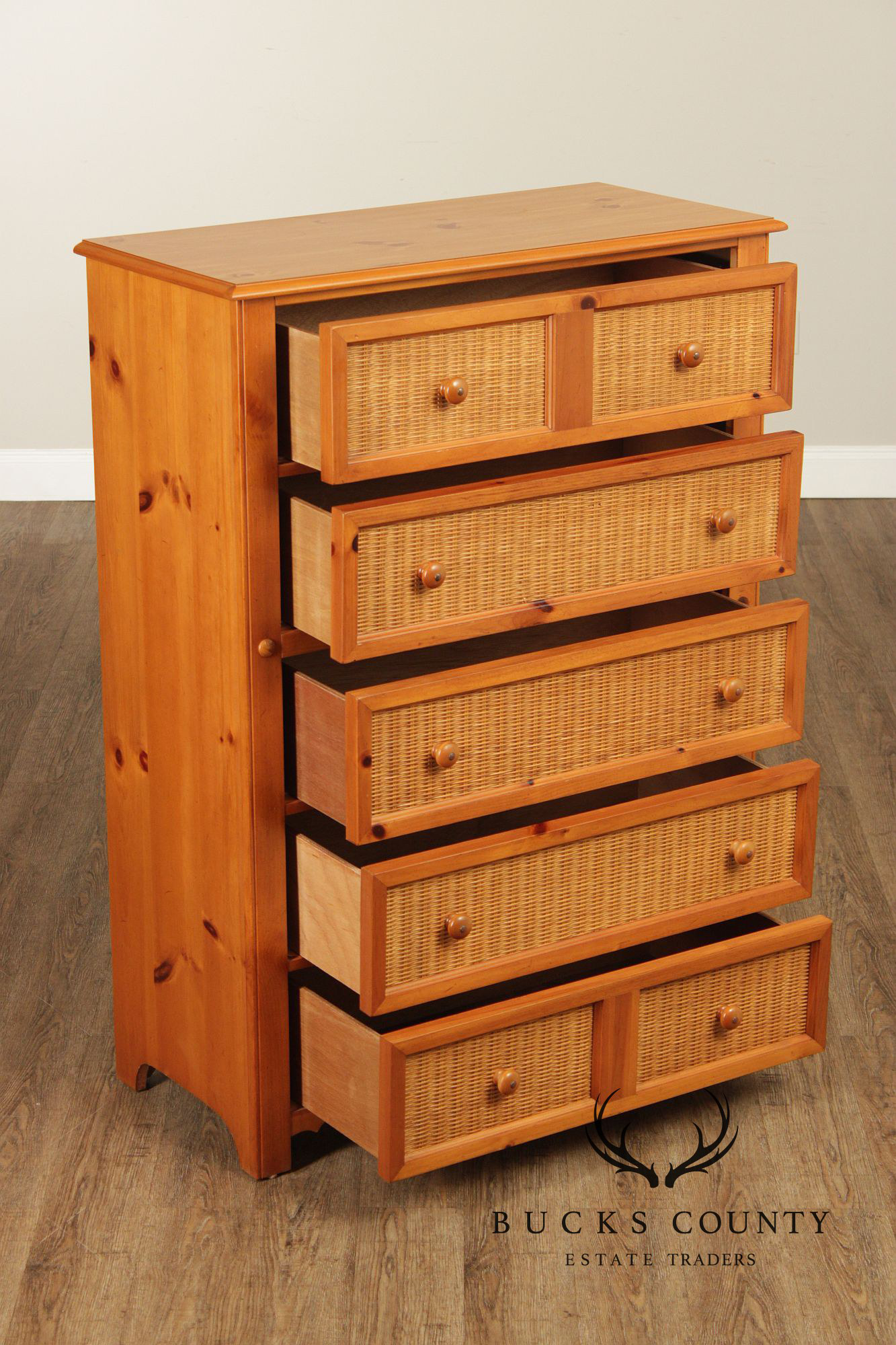 Stanley Furniture Pine and Wicker Chest of Drawers