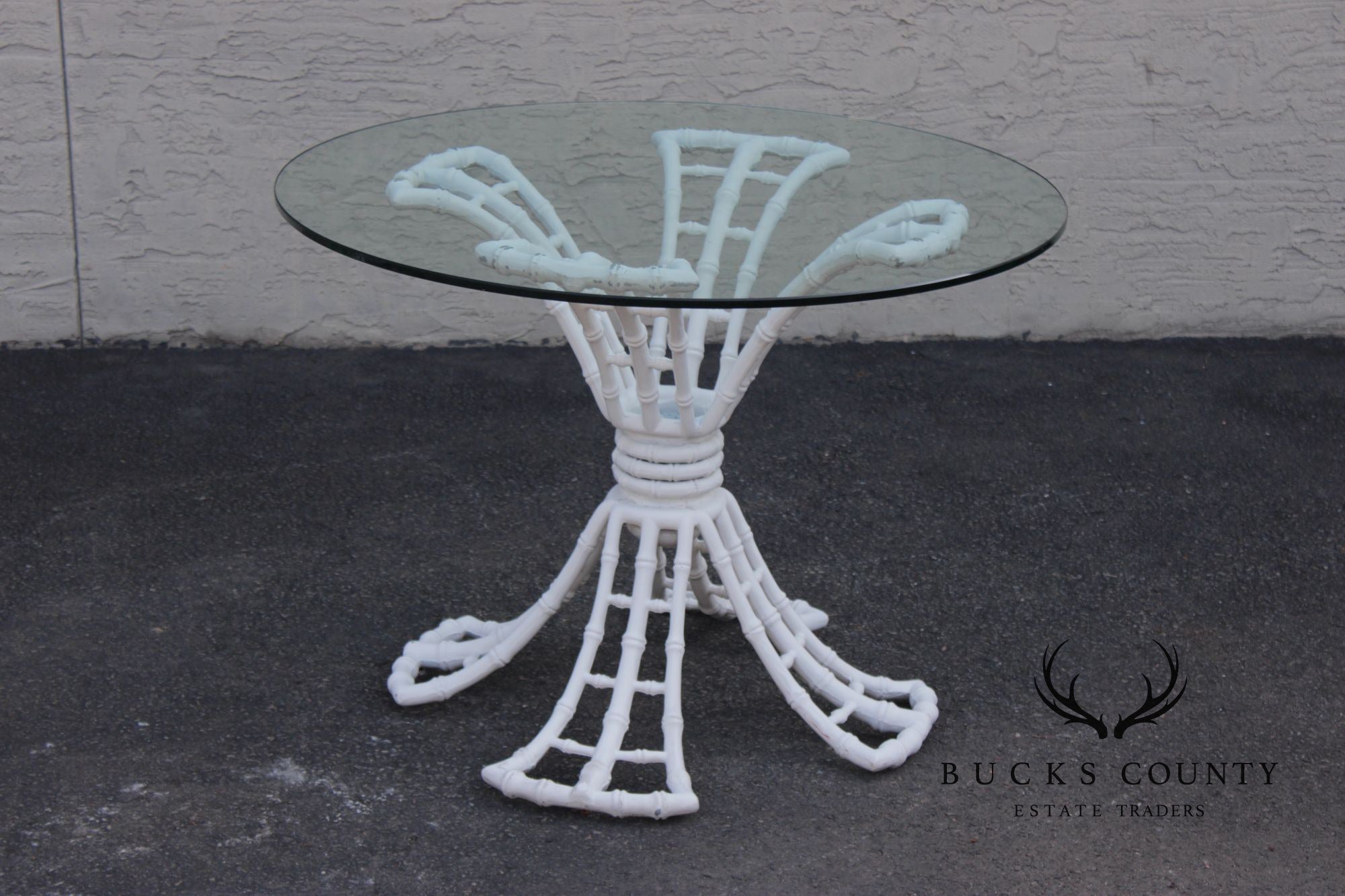 Hollywood Regency Cast Aluminum Faux Bamboo Round Glass Top Patio Table