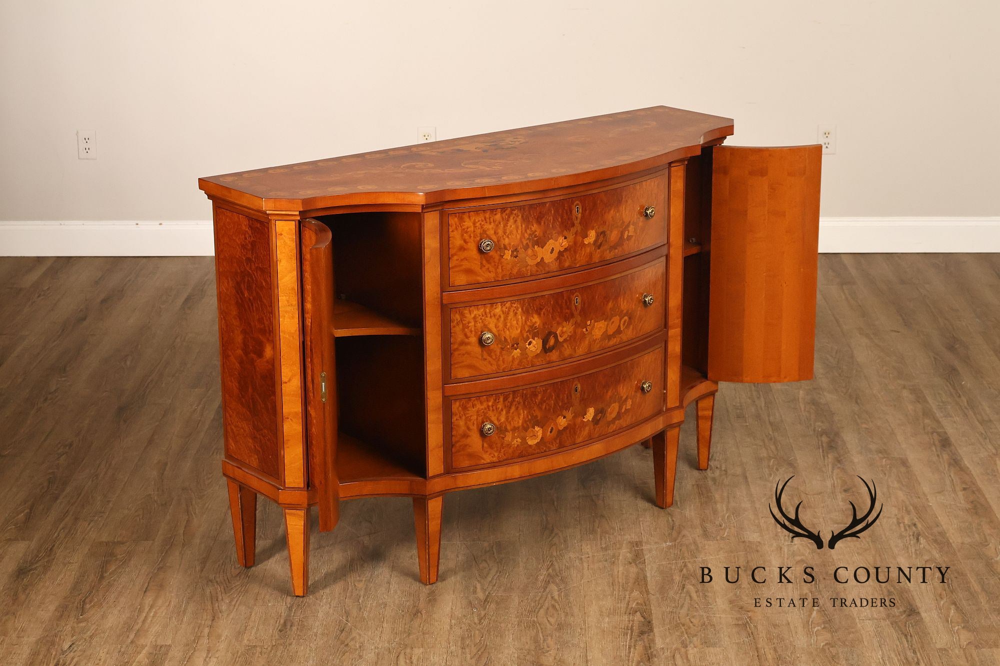 Italian Neoclassical Style Pair of Burl Wood Inlaid Sideboards